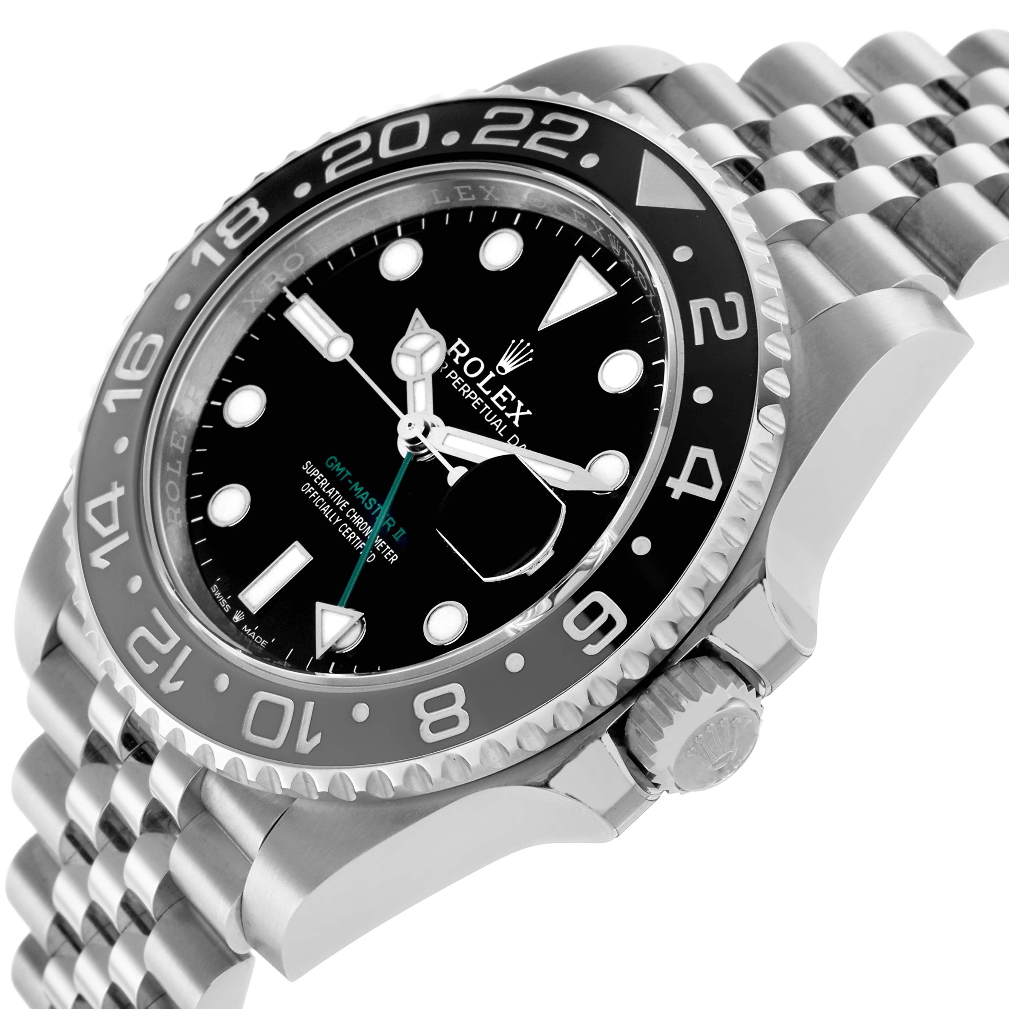 The Rolex GMT-Master 126710 Men's Stainless Steel Black Dial watch is shown at an angle displaying the dial, bezel, crown, and part of the bracelet.