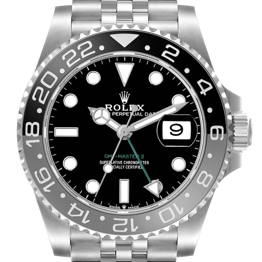 The Rolex GMT-Master 126710 Men's Stainless Steel Black Dial model is shown from the front, displaying the bezel, dial, hands, bracelet, and date window.