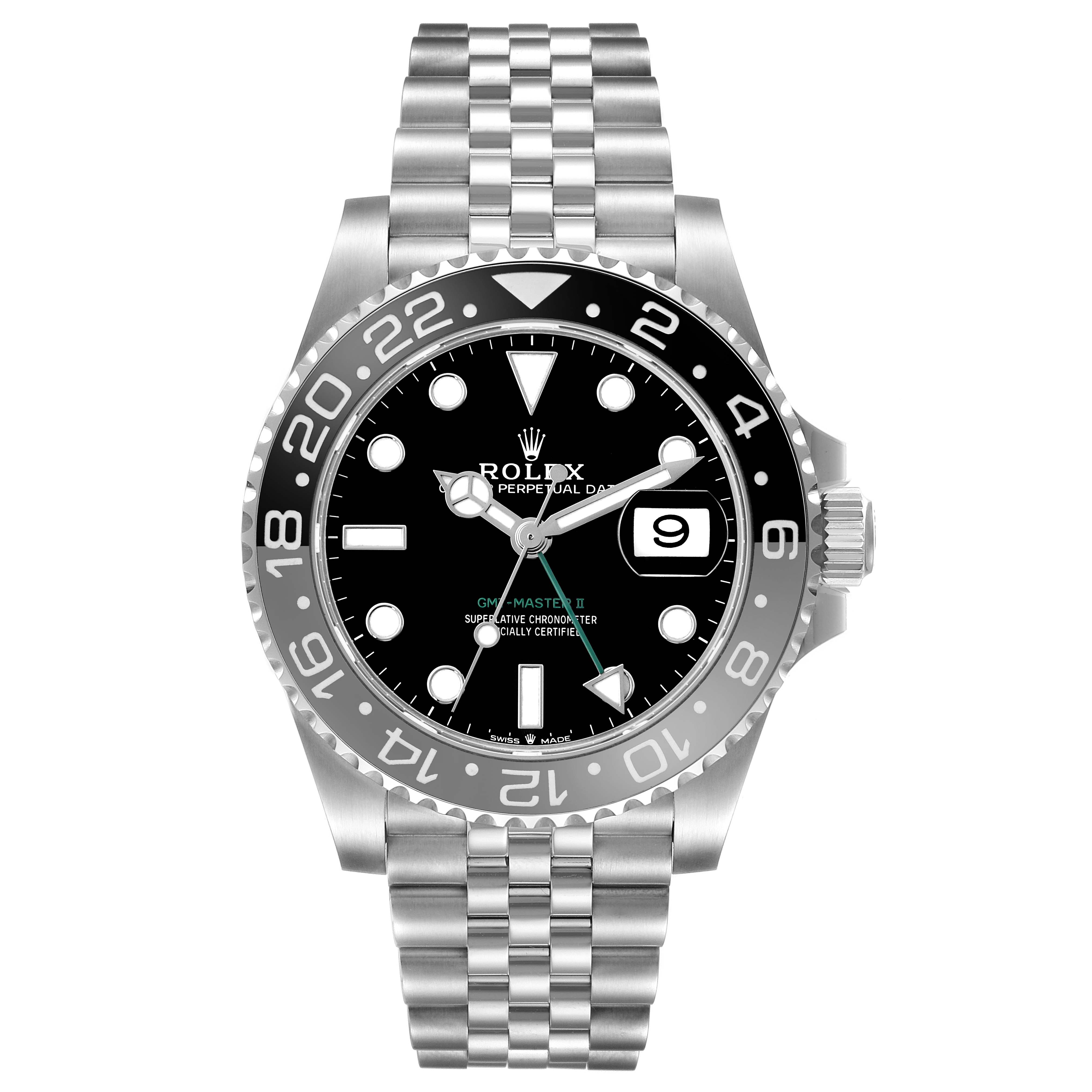 The image shows a front view of the Rolex GMT-Master 126710 Men's Stainless Steel Black Dial II watch, highlighting its bezel, dial, hands, and bracelet.
