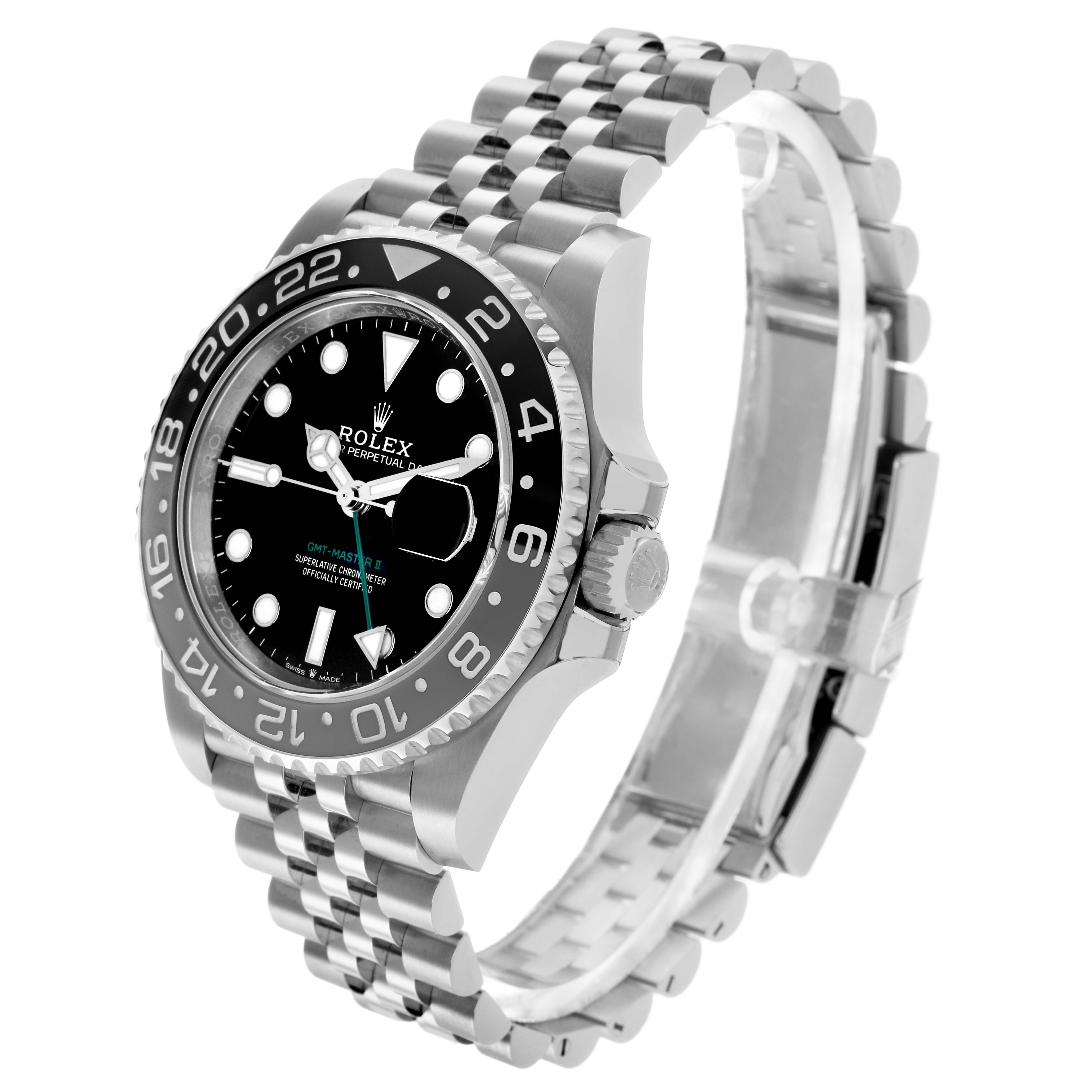 The Rolex GMT-Master 126710 Men's Stainless Steel Black Dial watch is shown at a three-quarter angle, highlighting the face, bezel, crown, and jubilee bracelet.