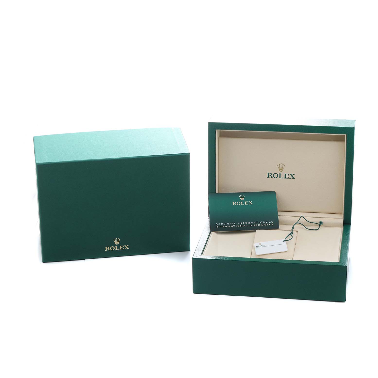 The image shows open and closed green boxes for a Rolex GMT-Master 126710 Men
s Stainless Steel Black Dial, along with a warranty booklet and a tag.