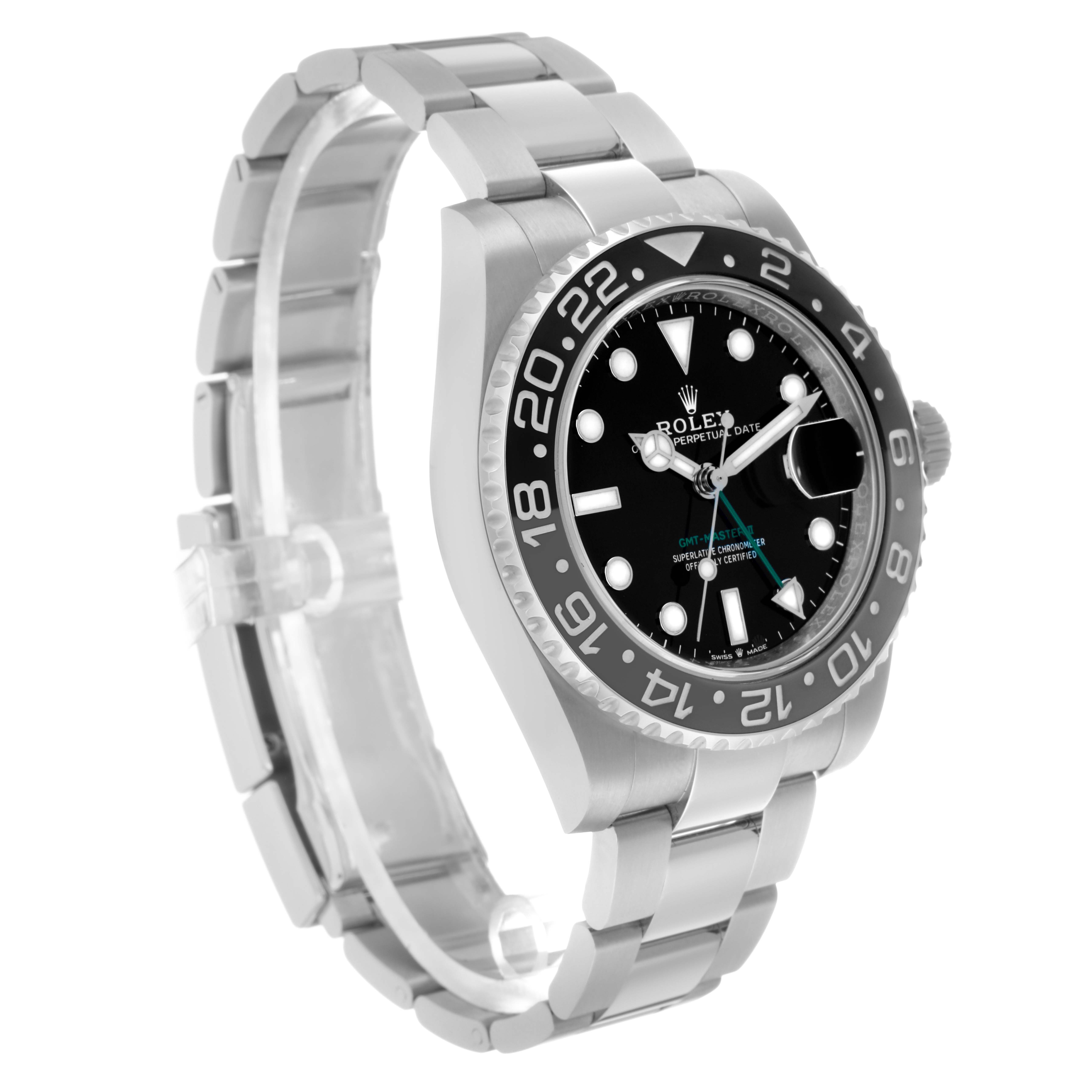 The Rolex GMT-Master 126710 Men
s Stainless Steel Black Dial watch is shown at a three-quarter angle displaying the face, bezel, and bracelet.
