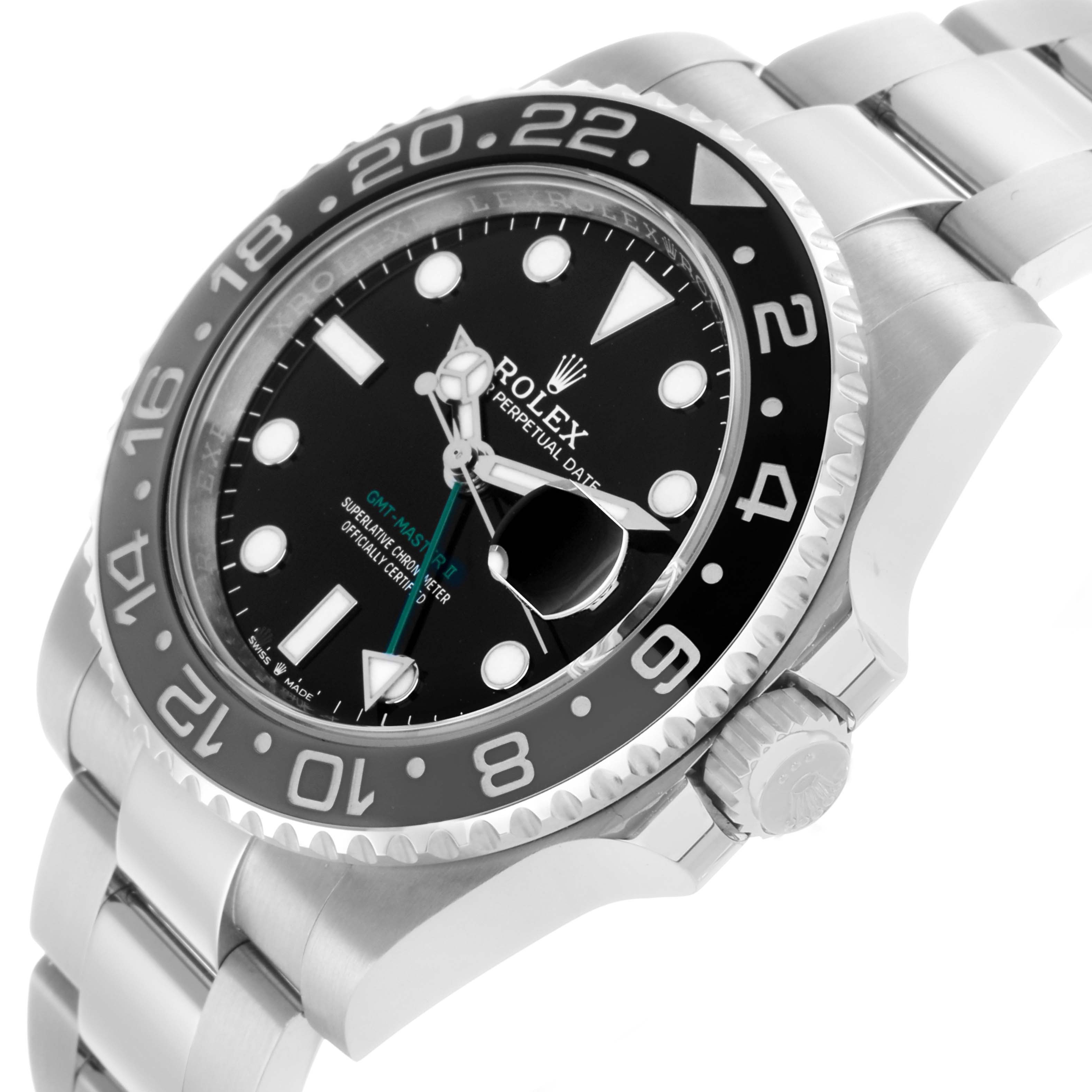 The Rolex GMT-Master 126710 Men
s Stainless Steel Black Dial watch is shown from a front-side angle, highlighting the bezel, dial, and bracelet.