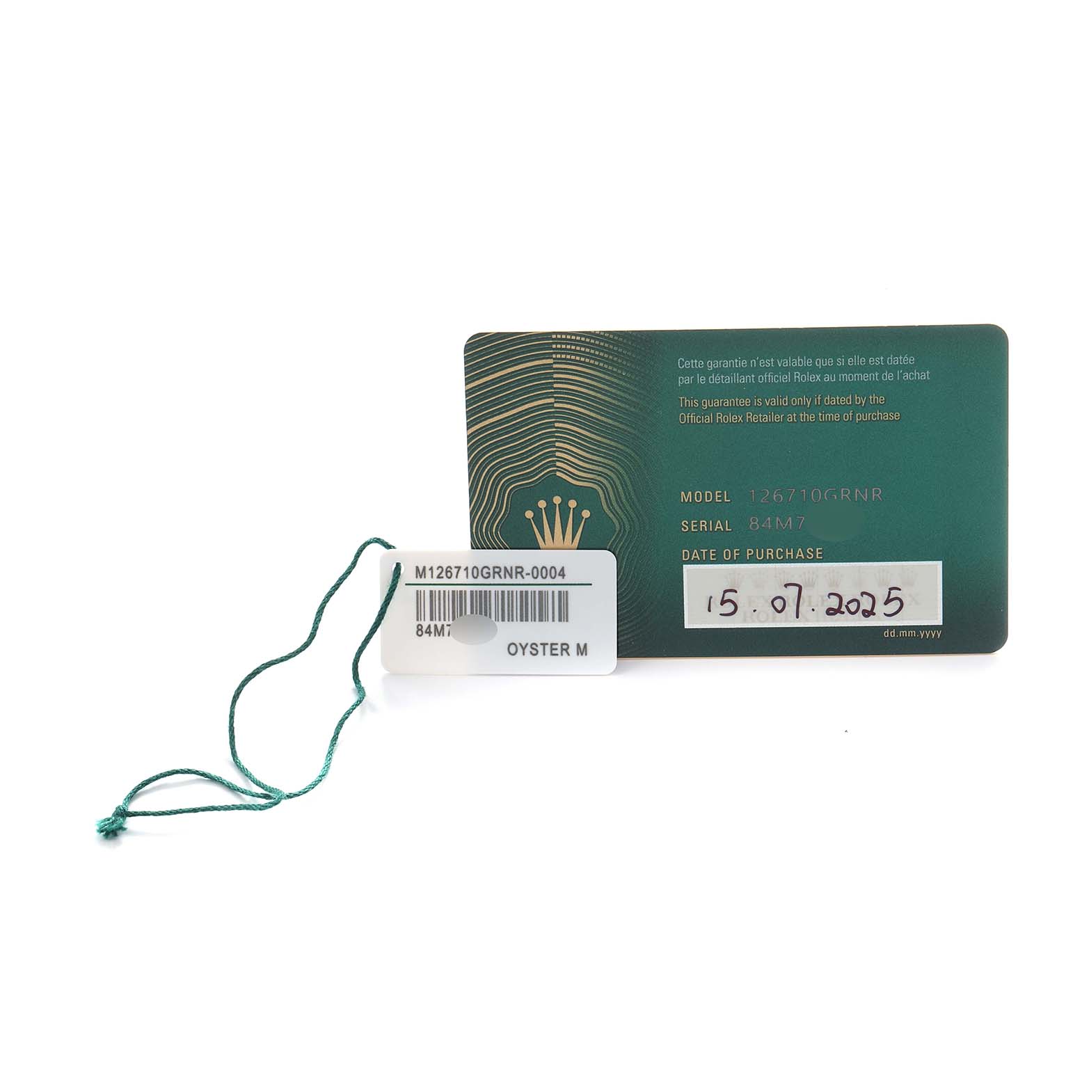 The image shows a Rolex GMT-Master 126710 Men
s Stainless Steel Black Dial
s warranty card and tag with model and purchase details.