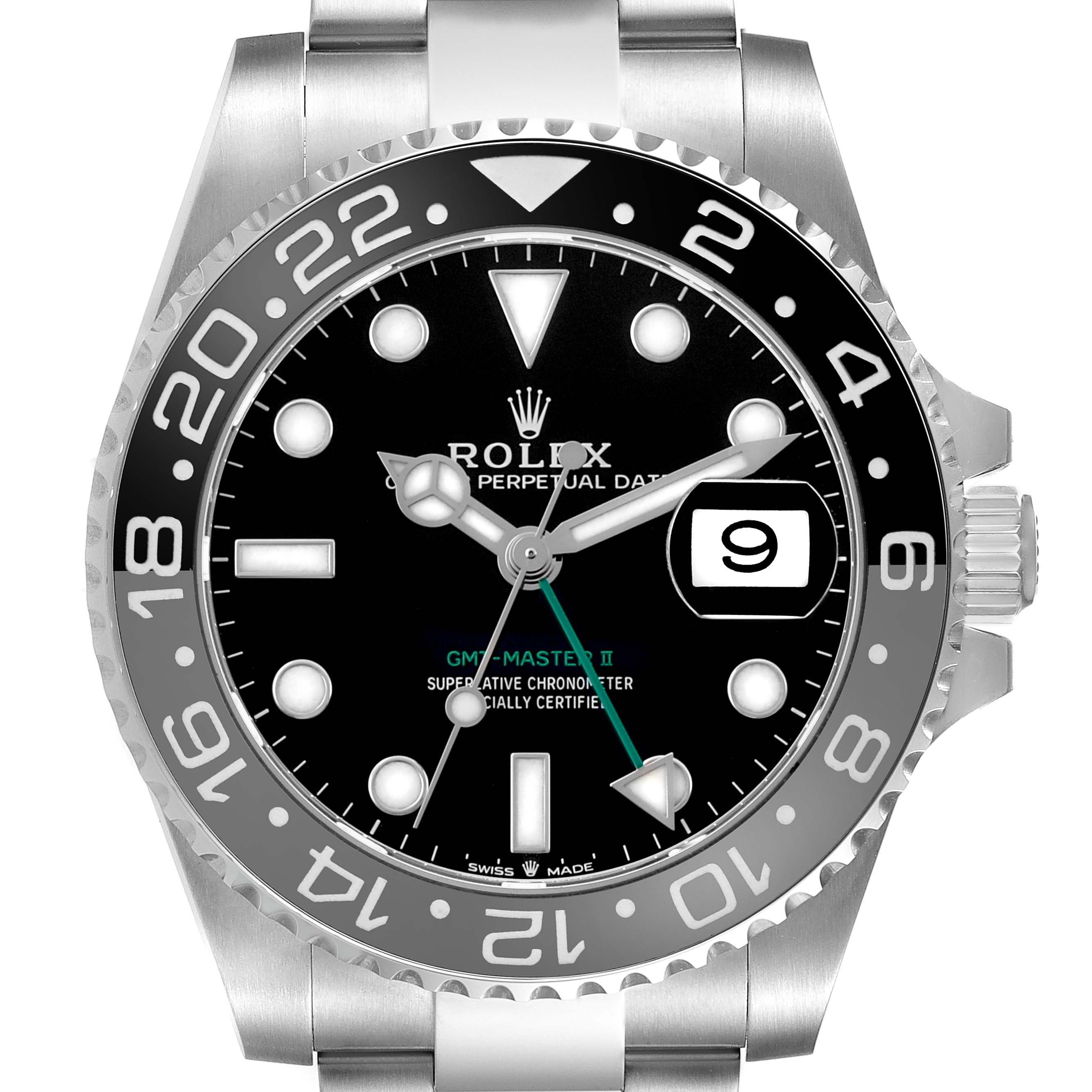The Rolex GMT-Master 126710 Men
s Stainless Steel Black Dial watch is shown from a front angle, highlighting the dial, bezel, and date feature.