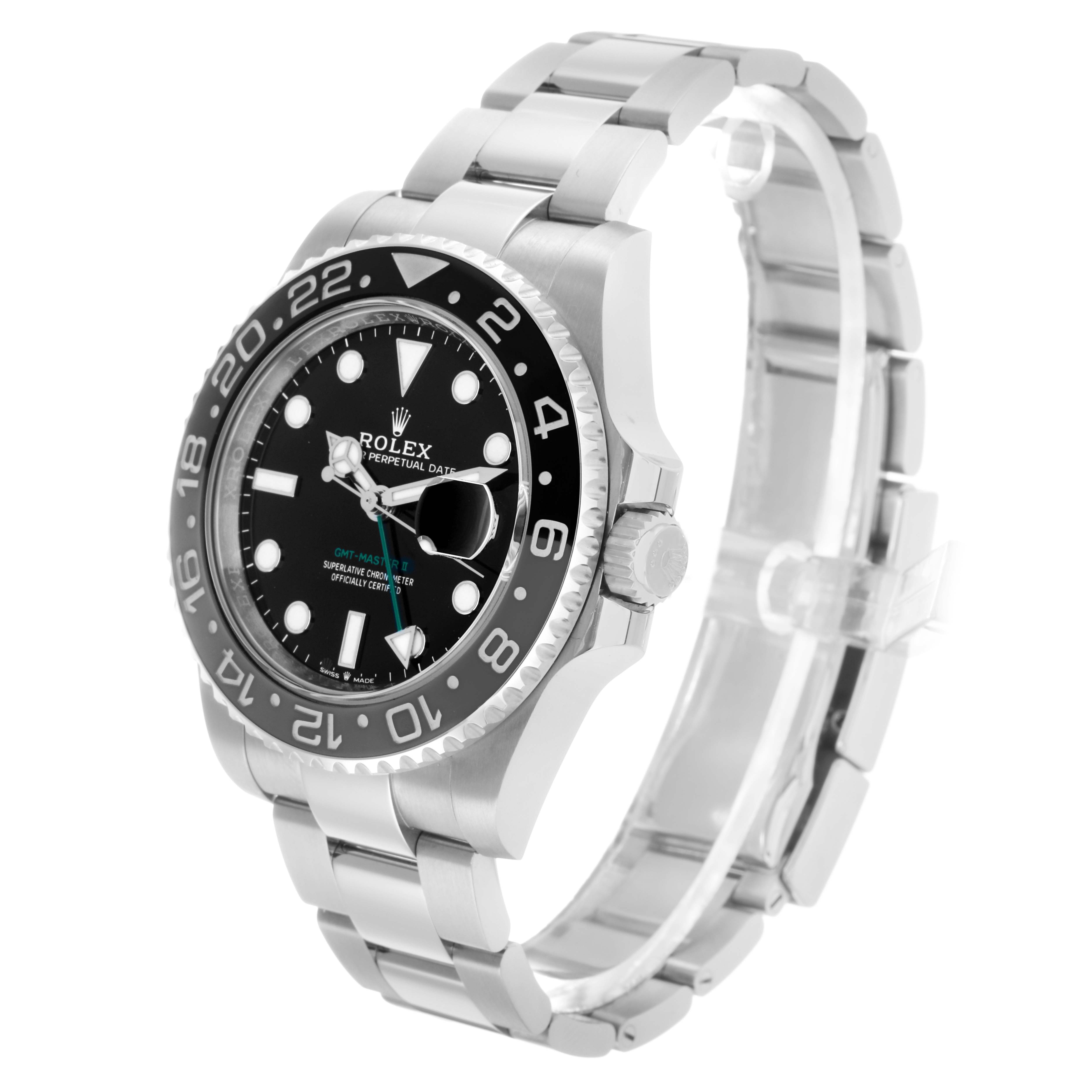 The Rolex GMT-Master 126710 Men
s Stainless Steel Black Dial watch is shown at an angle displaying the face, bezel, crown, and part of the bracelet.