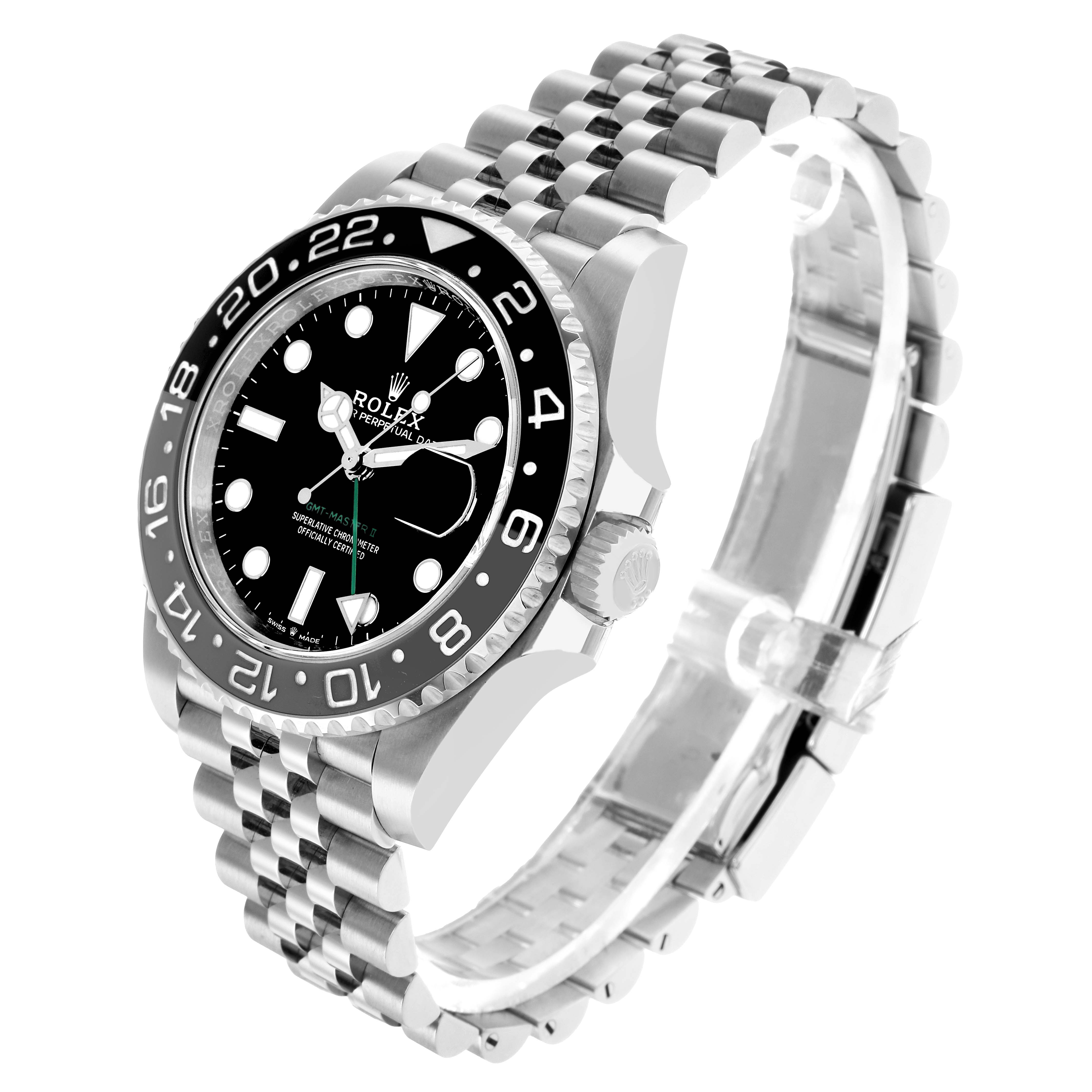 The Rolex GMT-Master 126710 Men's Stainless Steel Black Dial watch is shown at a three-quarter angle, highlighting the bezel, dial, crown, and bracelet.
