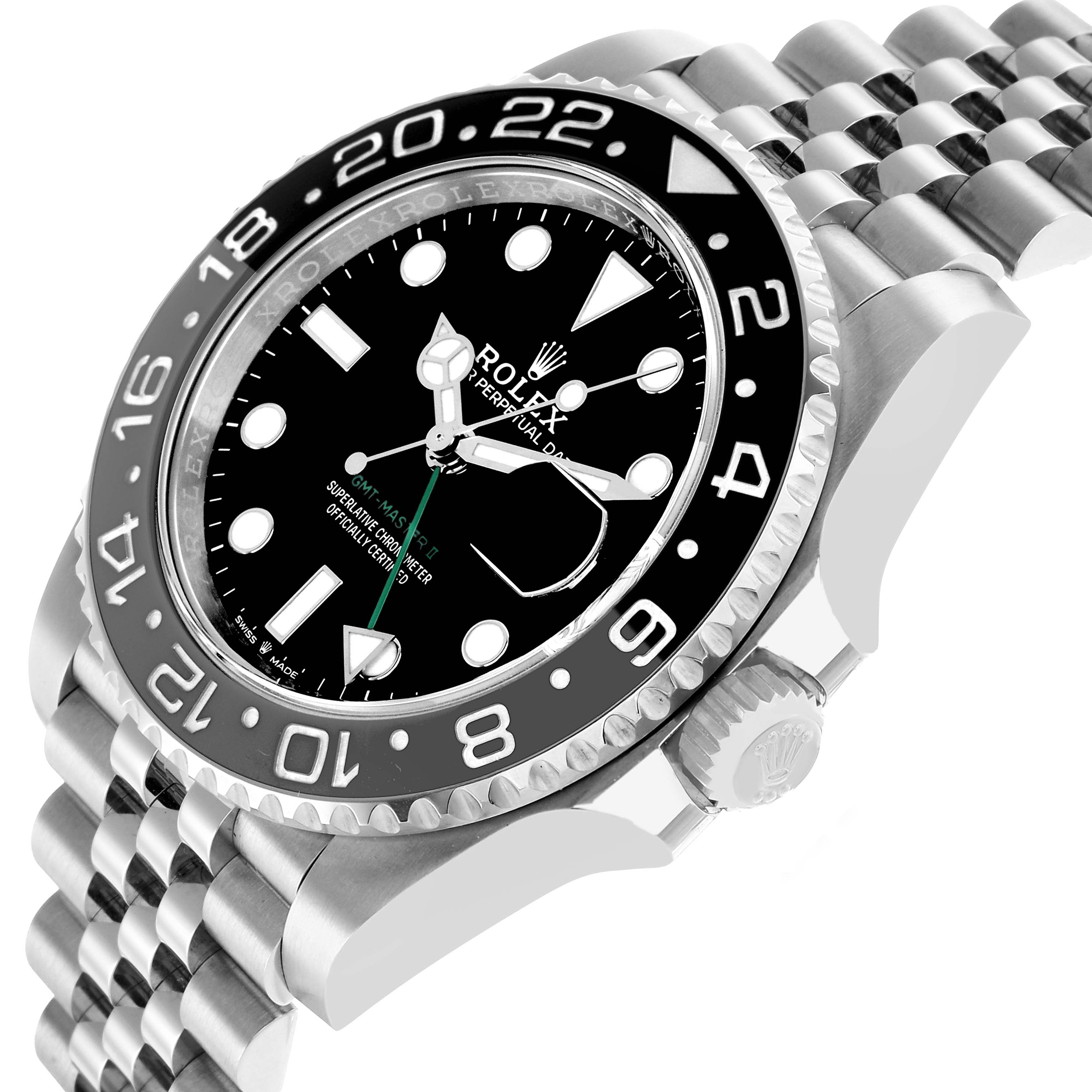 The Rolex GMT-Master 126710 Men's Stainless Steel Black Dial watch is shown at an angled side view featuring the bezel, case, dial, and part of the bracelet.