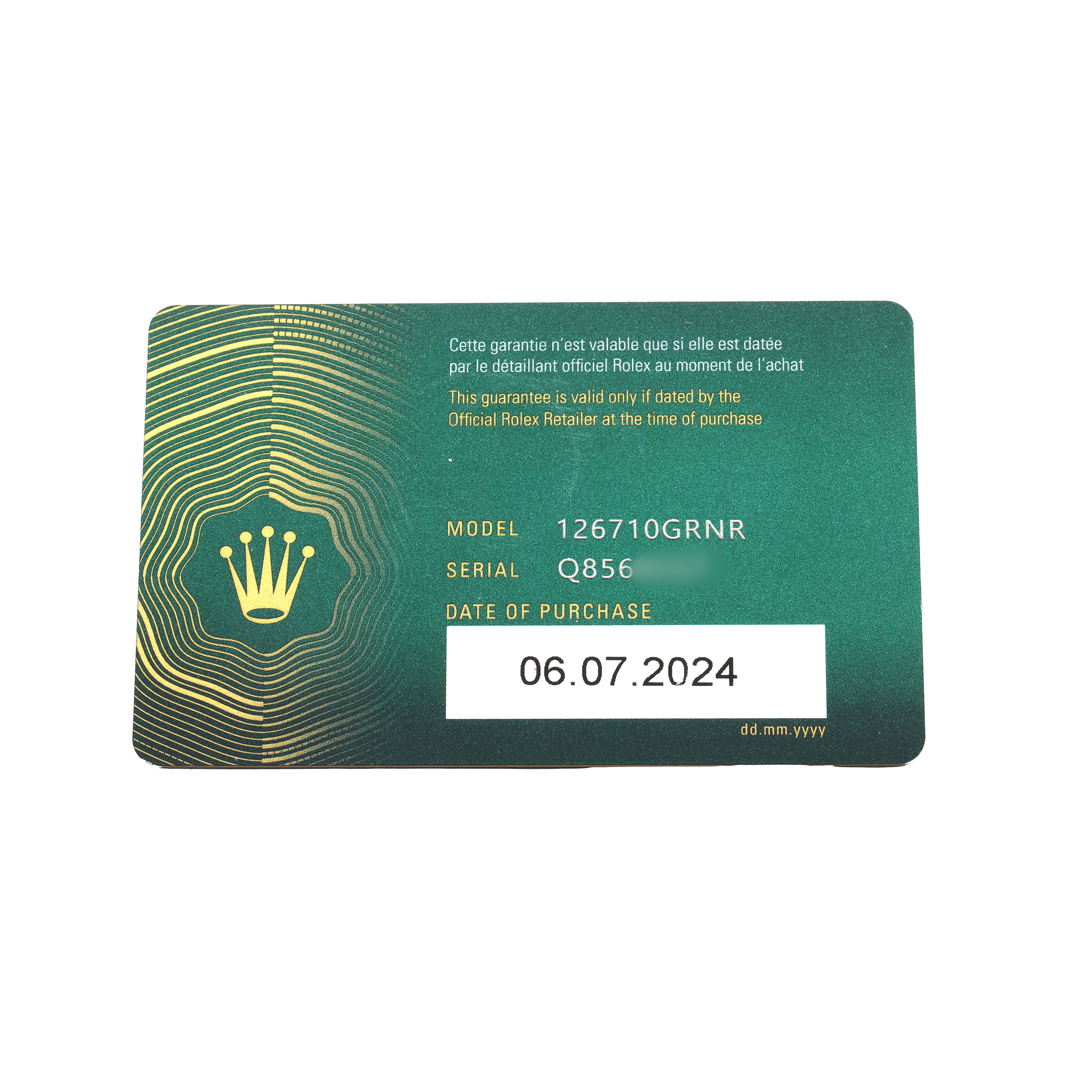 The image shows a warranty card for a Rolex GMT-Master 126710 Men's Stainless Steel Black Dial watch, displaying model, serial number, and purchase date.