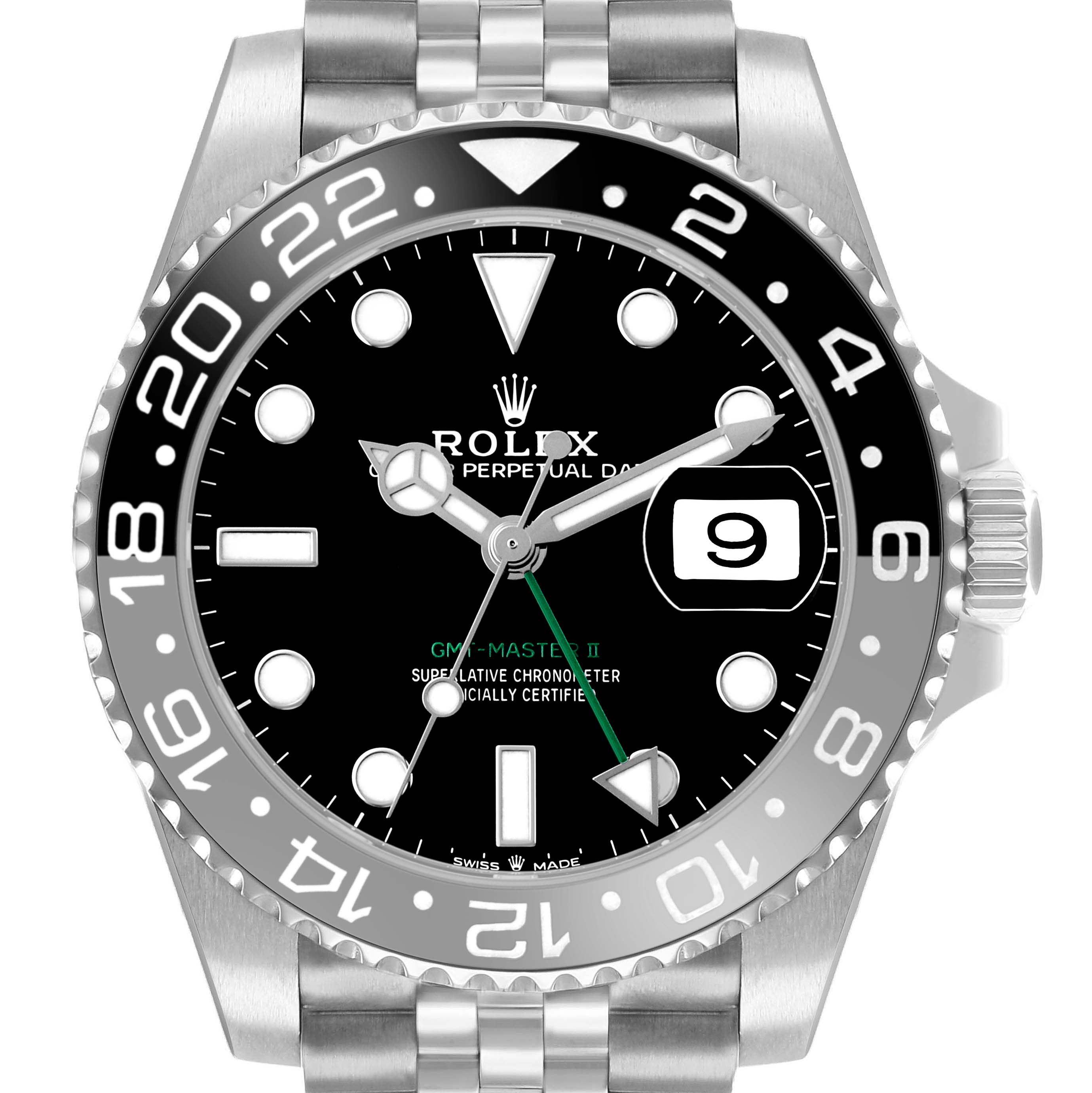 The Rolex GMT-Master 126710 Men's Stainless Steel Black Dial model is shown from a top angle, displaying the face, bezel, and part of the bracelet.