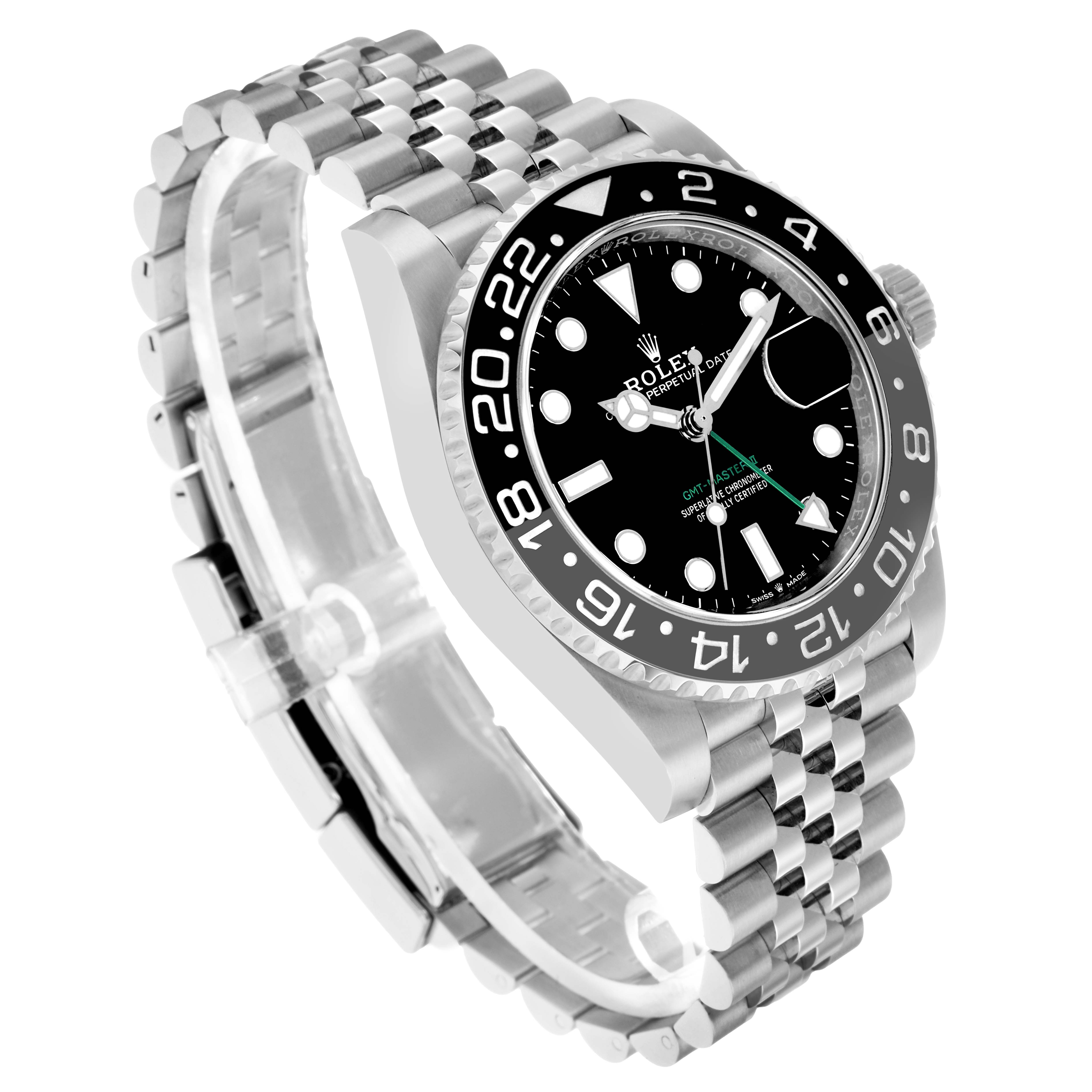 The Rolex GMT-Master 126710 Men's Stainless Steel Black Dial watch is shown at a tilted angle, highlighting its bezel and Jubilee bracelet.