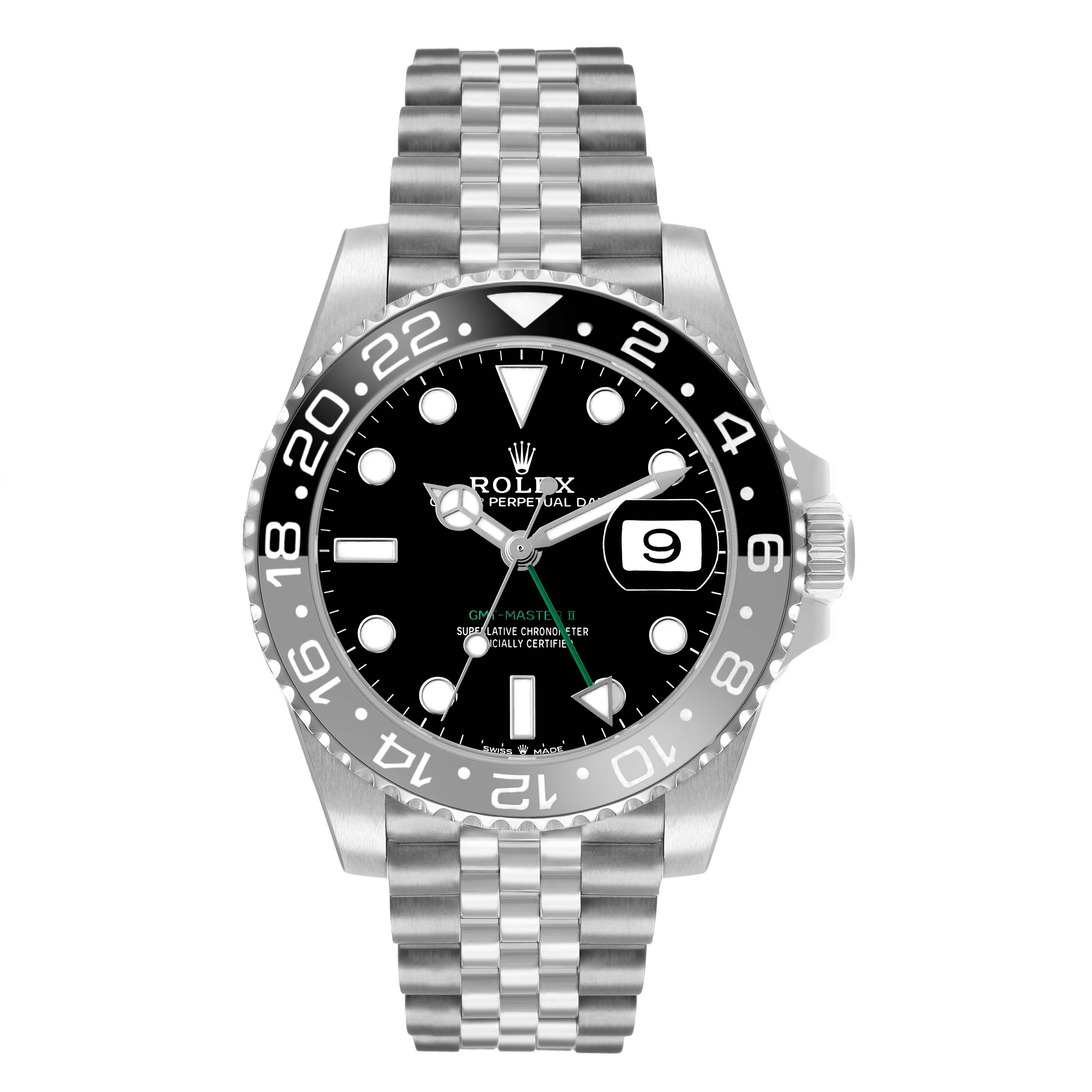 The Rolex GMT-Master 126710 Men's Stainless Steel Black Dial model is shown from a front angle, displaying its dial, bezel, and bracelet.