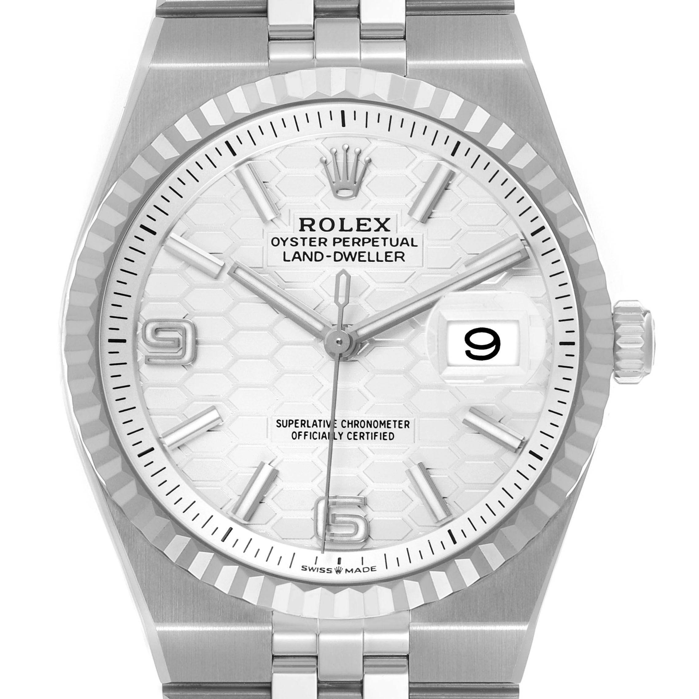 The Rolex Land-Dweller watch is shown from a frontal angle, highlighting the dial, bezel, and part of the bracelet.