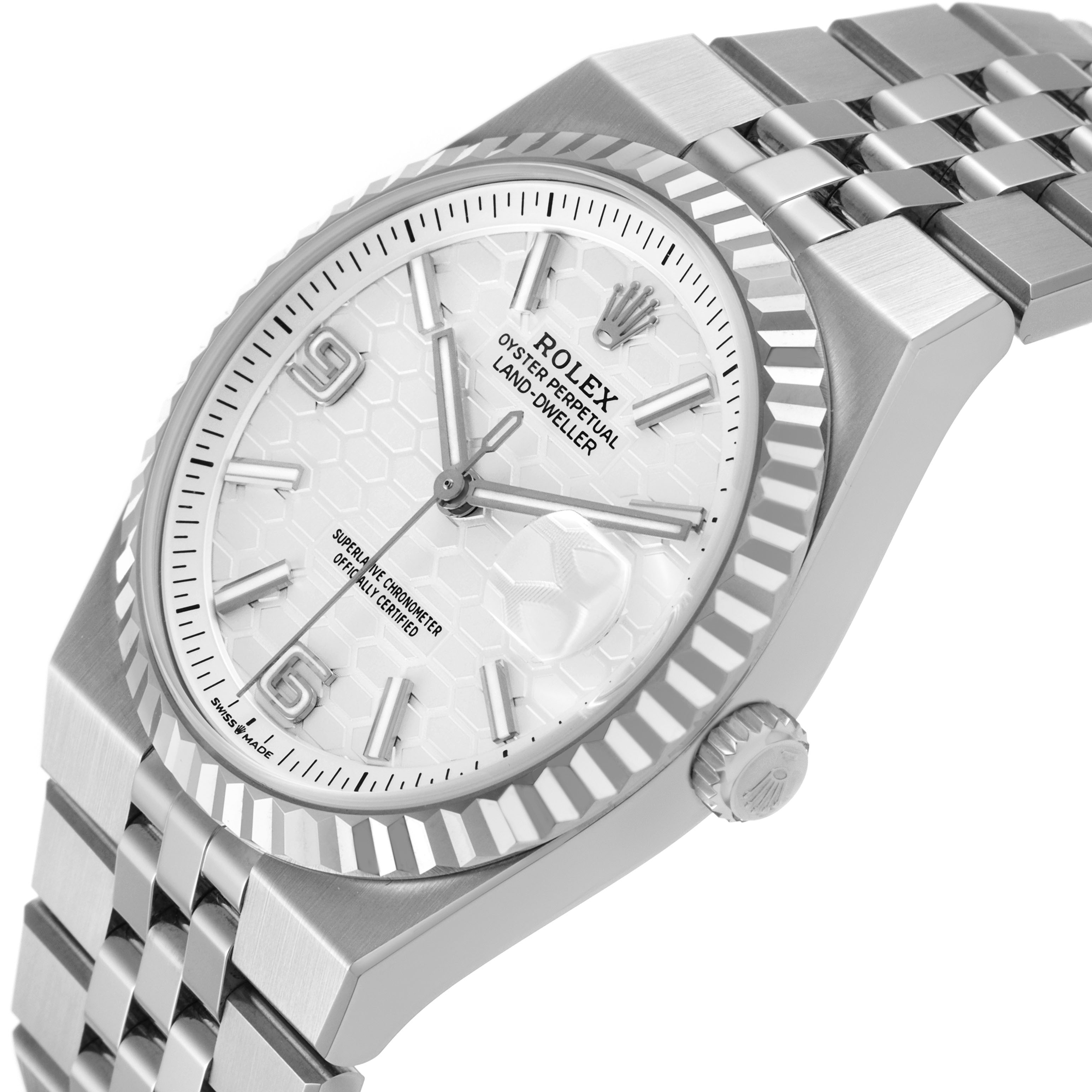 The Rolex Land‑Dweller 127234 Men's Stainless Steel White Dial watch is shown at a tilted angle, highlighting the face, bezel, and part of the bracelet.