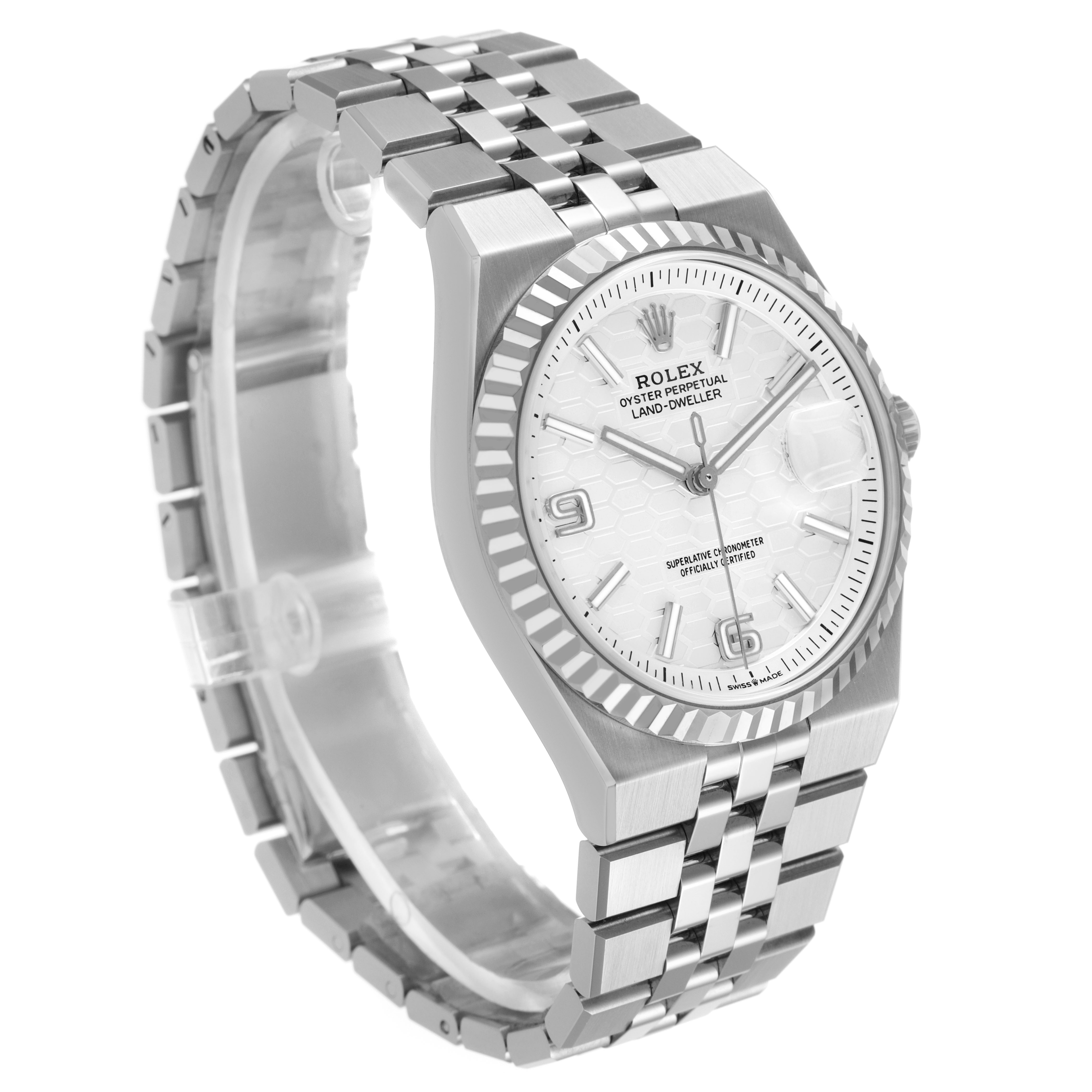 The Rolex Land‑Dweller 127234 Men's Stainless Steel White Dial is shown at a slight angle from the front, highlighting the watch face, bezel, and part of the bracelet.