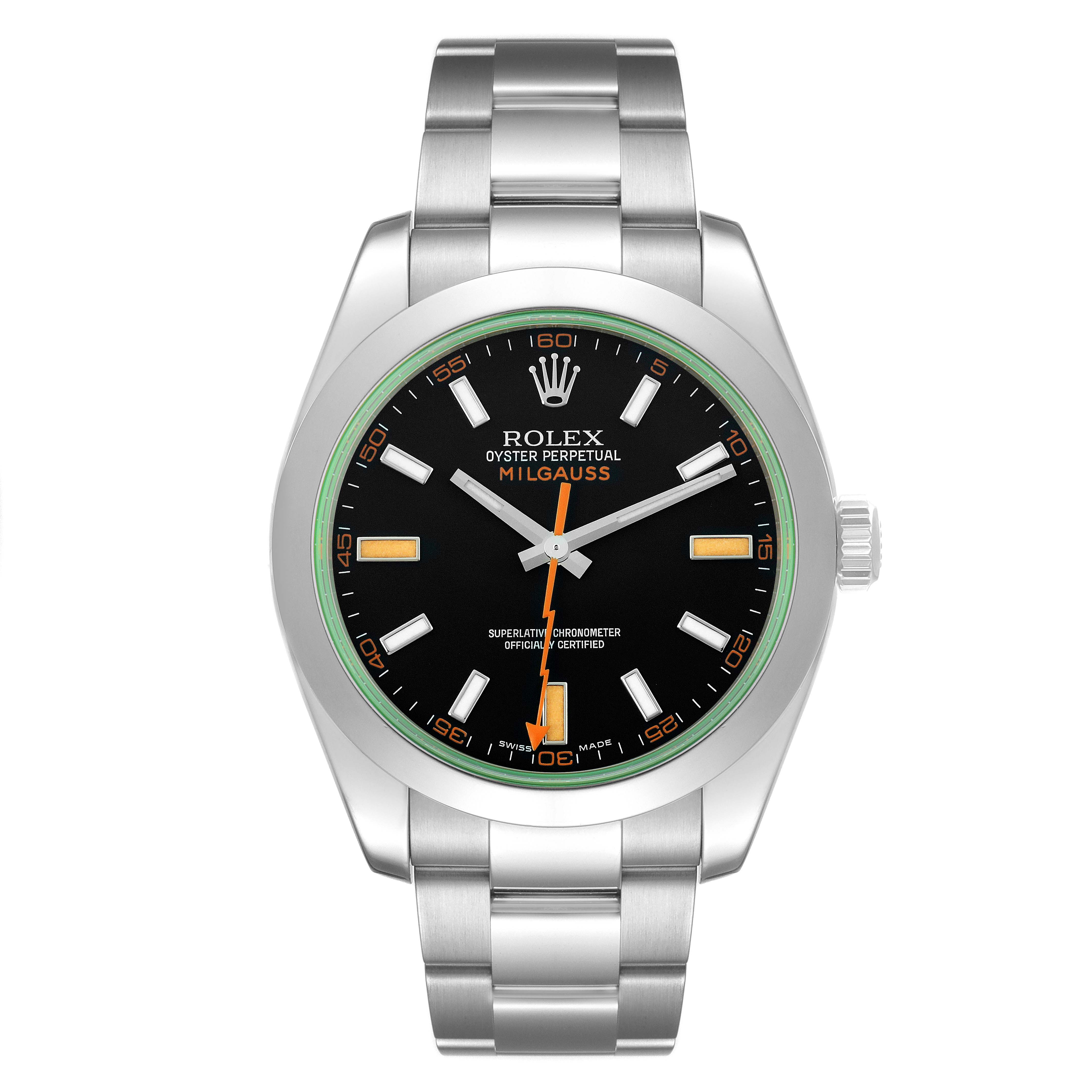 The image shows a frontal view of the Rolex Milgauss 116400 Men's Stainless Steel Black Dial 116400 Men's Stainless Steel Black Dial watch, displaying the face and bracelet.