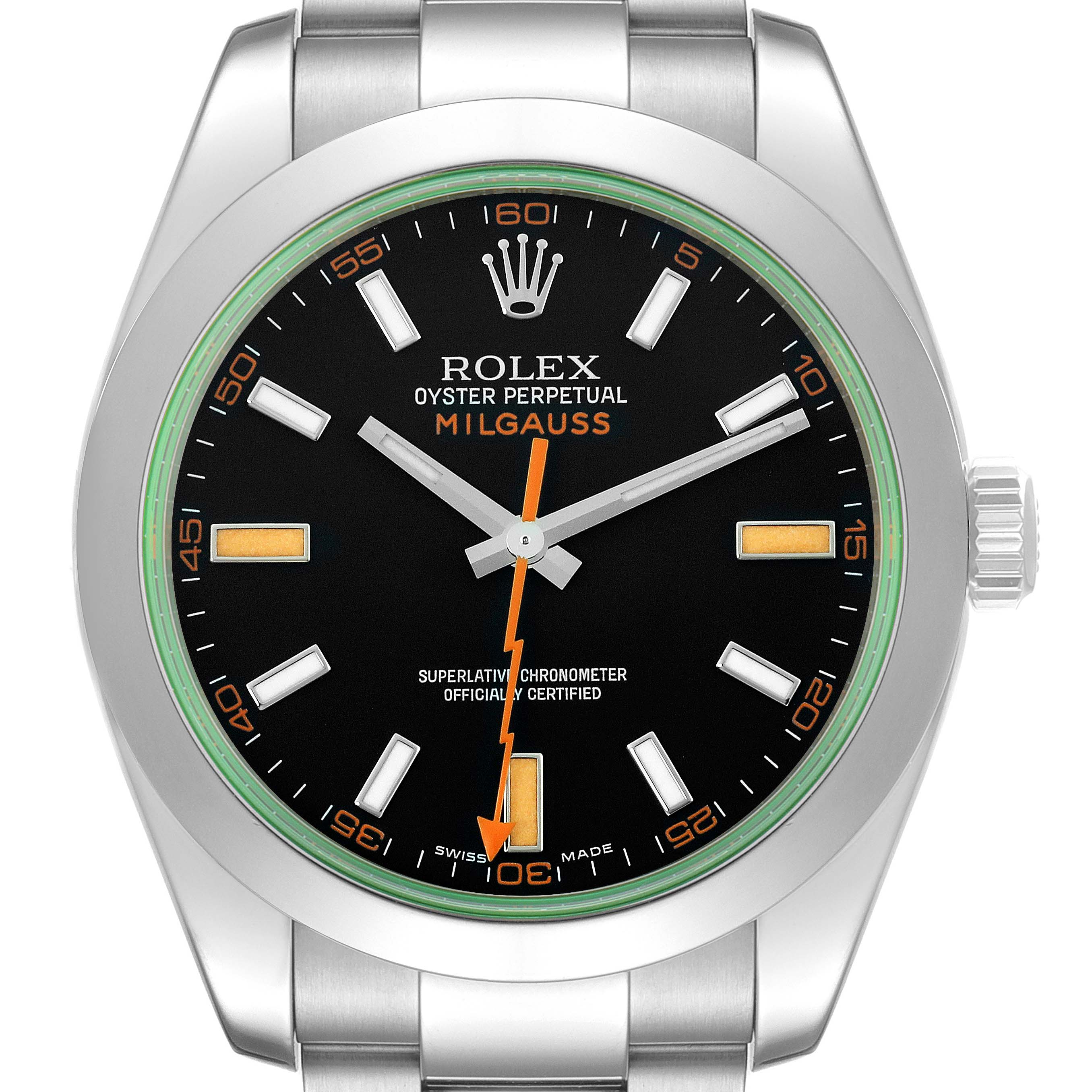 The Rolex Milgauss 116400 Men's Stainless Steel Black Dial 116400 Men's Stainless Steel Black Dial watch is shown from a front angle, highlighting the dial, bezel, and part of the bracelet.