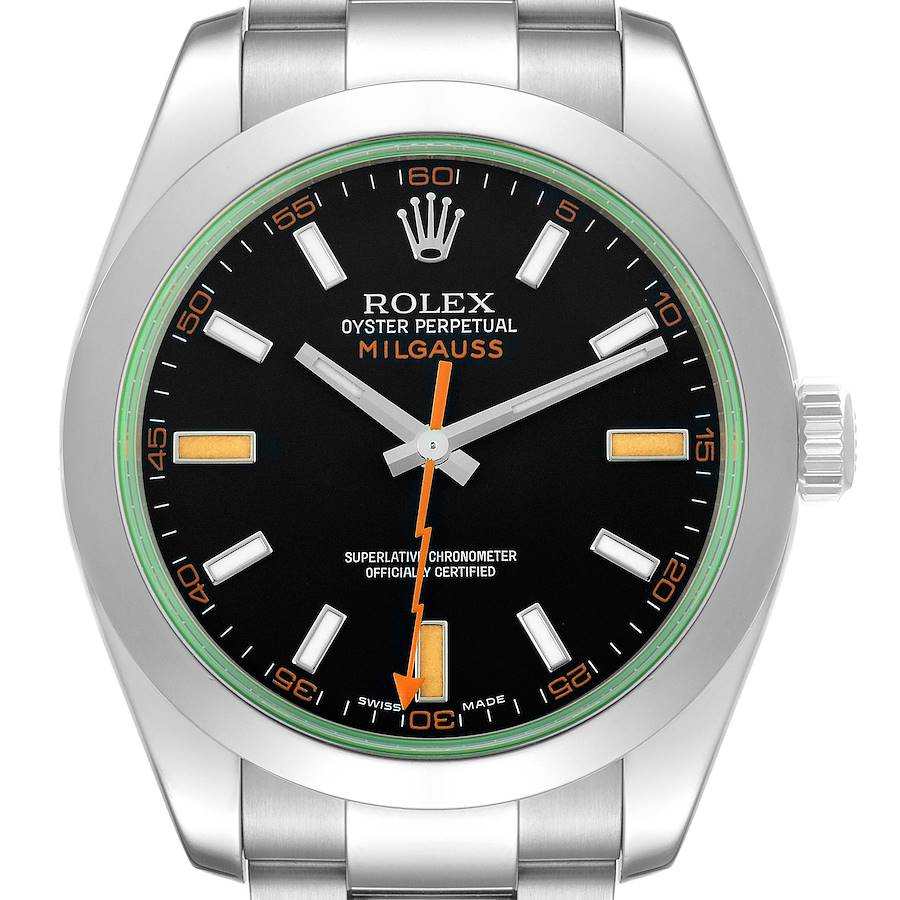 The Rolex Milgauss watch is shown from a front angle, highlighting the dial, bezel, and part of the bracelet.