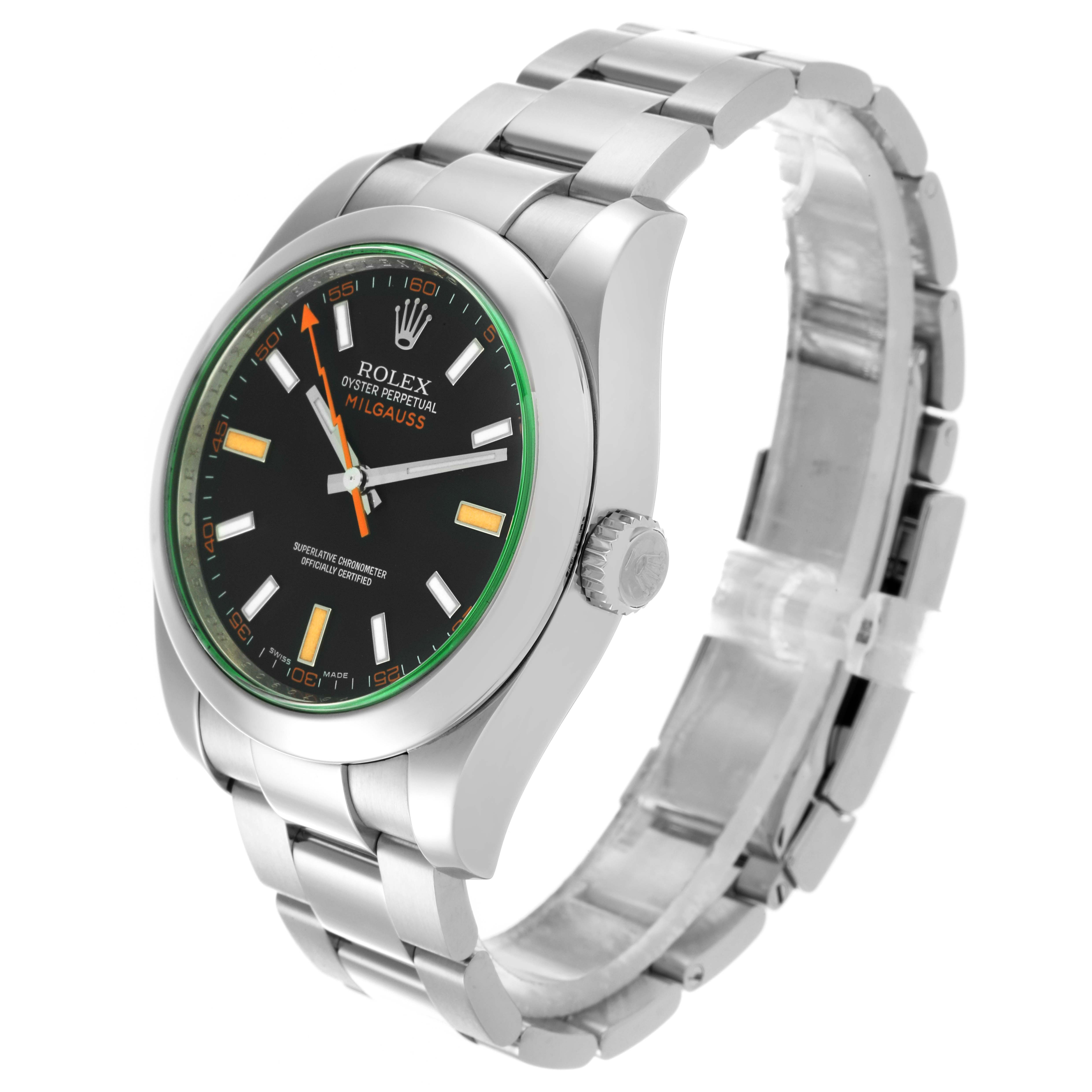 The Rolex Milgauss 116400 Men's Stainless Steel Black Dial 116400 Men's Stainless Steel Black Dial watch is shown from an angled side view, highlighting the face, bezel, and bracelet.
