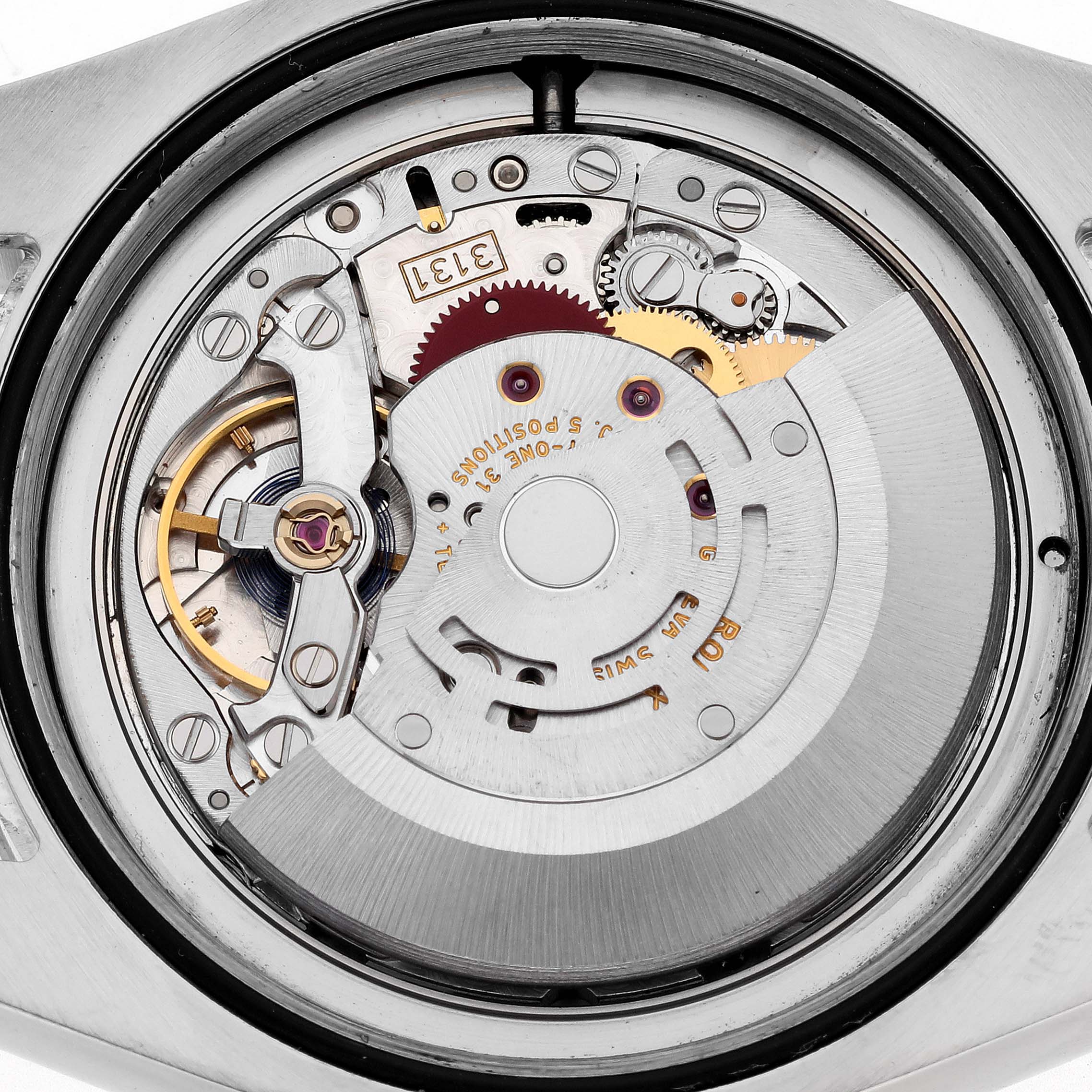 The image shows the Rolex Milgauss 116400 Men's Stainless Steel Black Dial 116400 Men's Stainless Steel Black Dial watch's movement from the back, highlighting gears and intricate mechanisms.