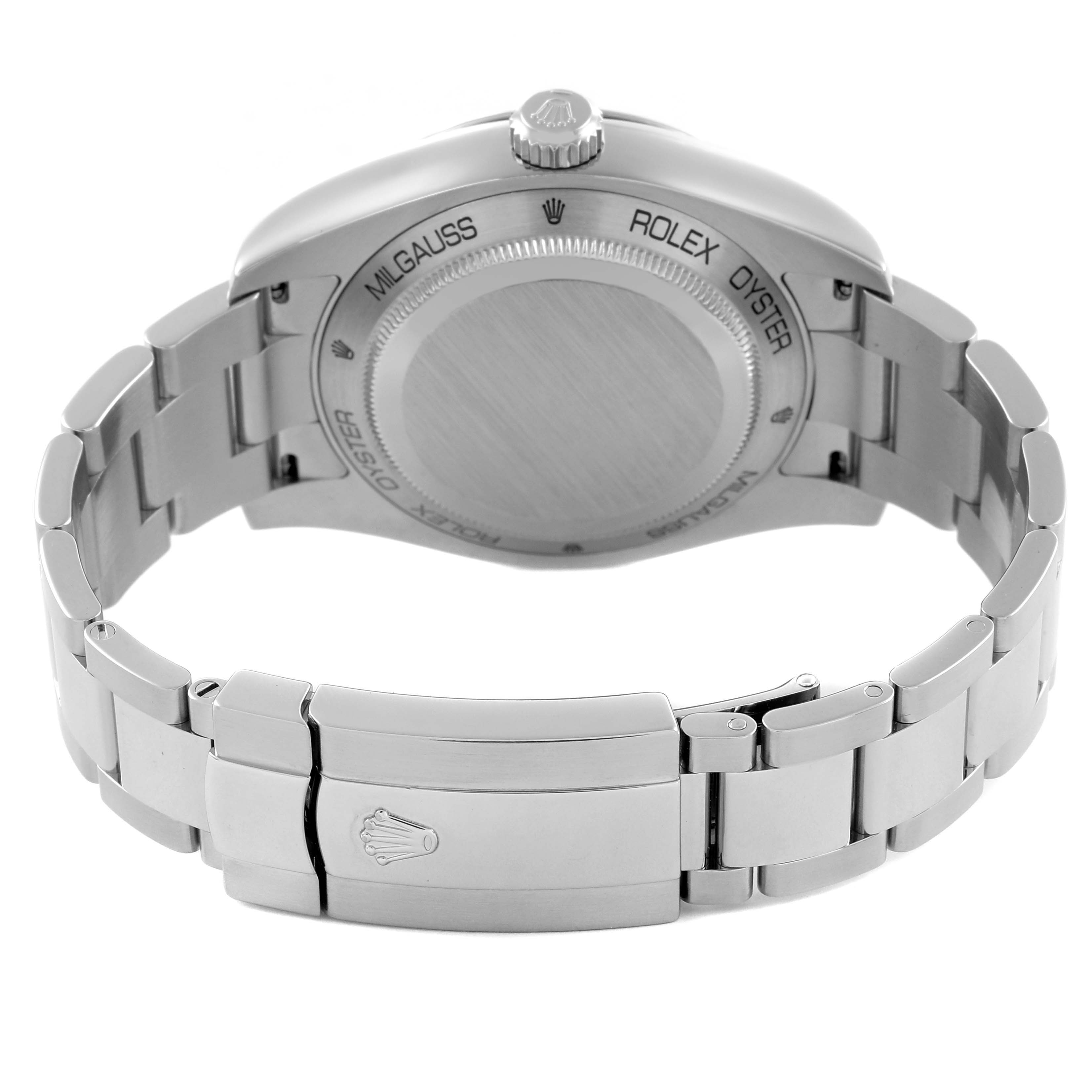 The Rolex Milgauss 116400 Men's Stainless Steel Black Dial 116400 Men's Stainless Steel Black Dial is shown from the back, featuring the case back and bracelet clasp.