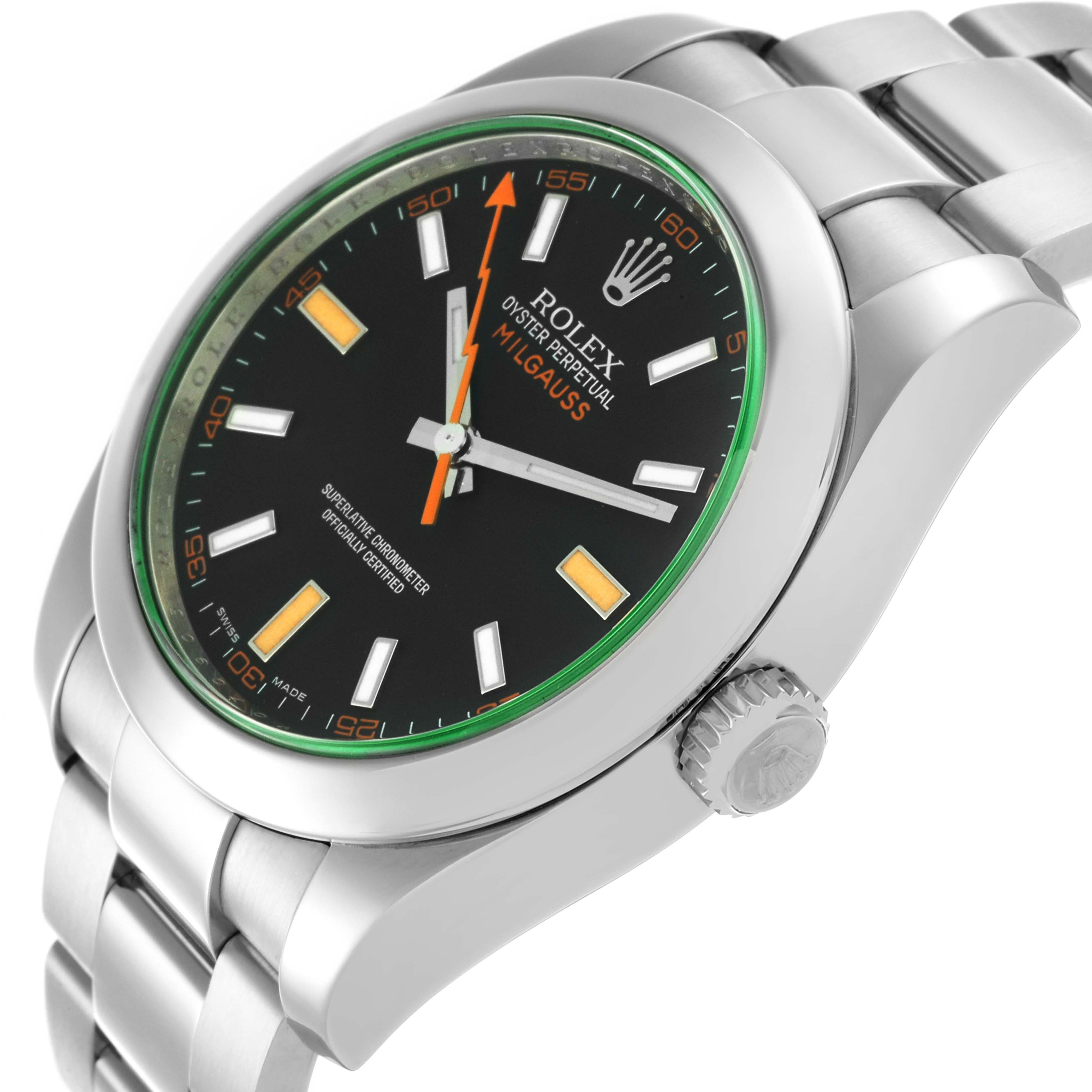 The Rolex Milgauss 116400 Men's Stainless Steel Black Dial 116400 Men's Stainless Steel Black Dial watch is shown from a side angle, highlighting the face, band, and crown.