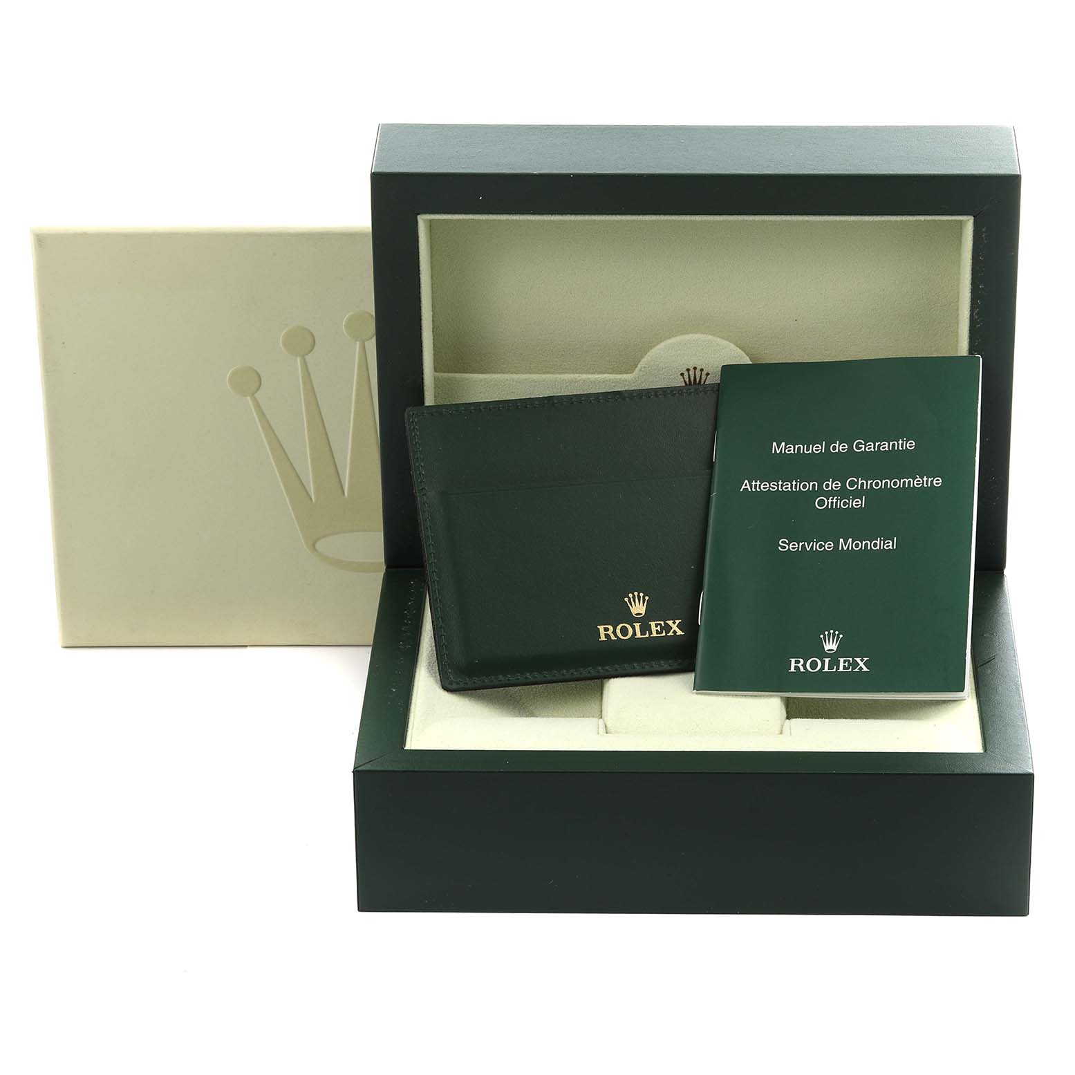 The image shows a Rolex Milgauss 116400 Men's Stainless Steel Black Dial 116400 Men's Stainless Steel Black Dial packaging with manuals and a warranty card holder.