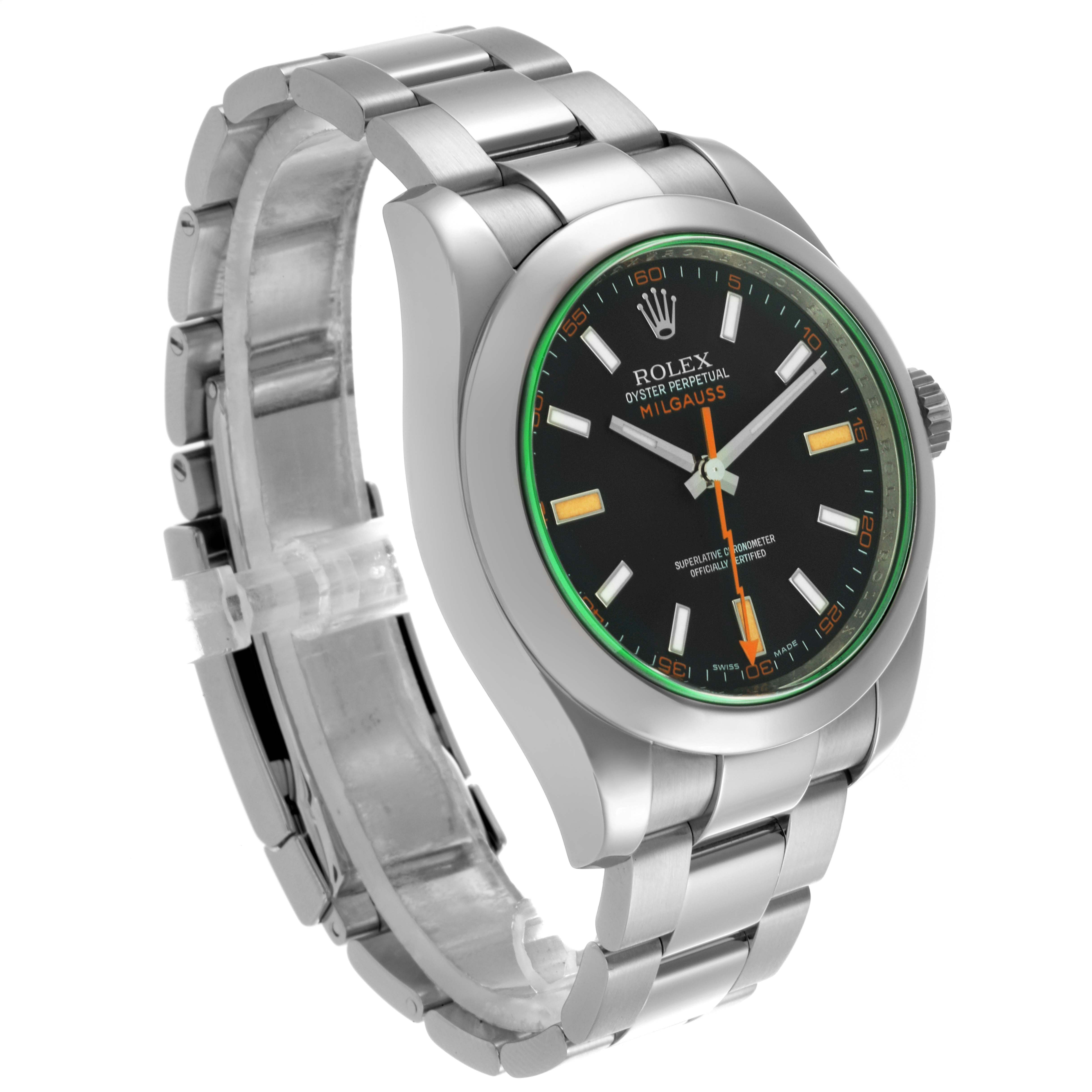 The Rolex Milgauss 116400 Men's Stainless Steel Black Dial 116400 Men's Stainless Steel Black Dial watch is shown at a three-quarter angle, displaying the dial, bezel, and bracelet.
