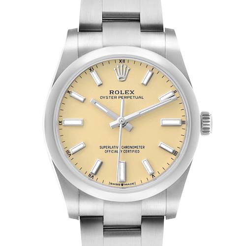 The Rolex Oyster Perpetual 124200 Men's Stainless Steel Beige Dial watch is shown from a front angle, displaying the dial, bezel, crown, and part of the bracelet.