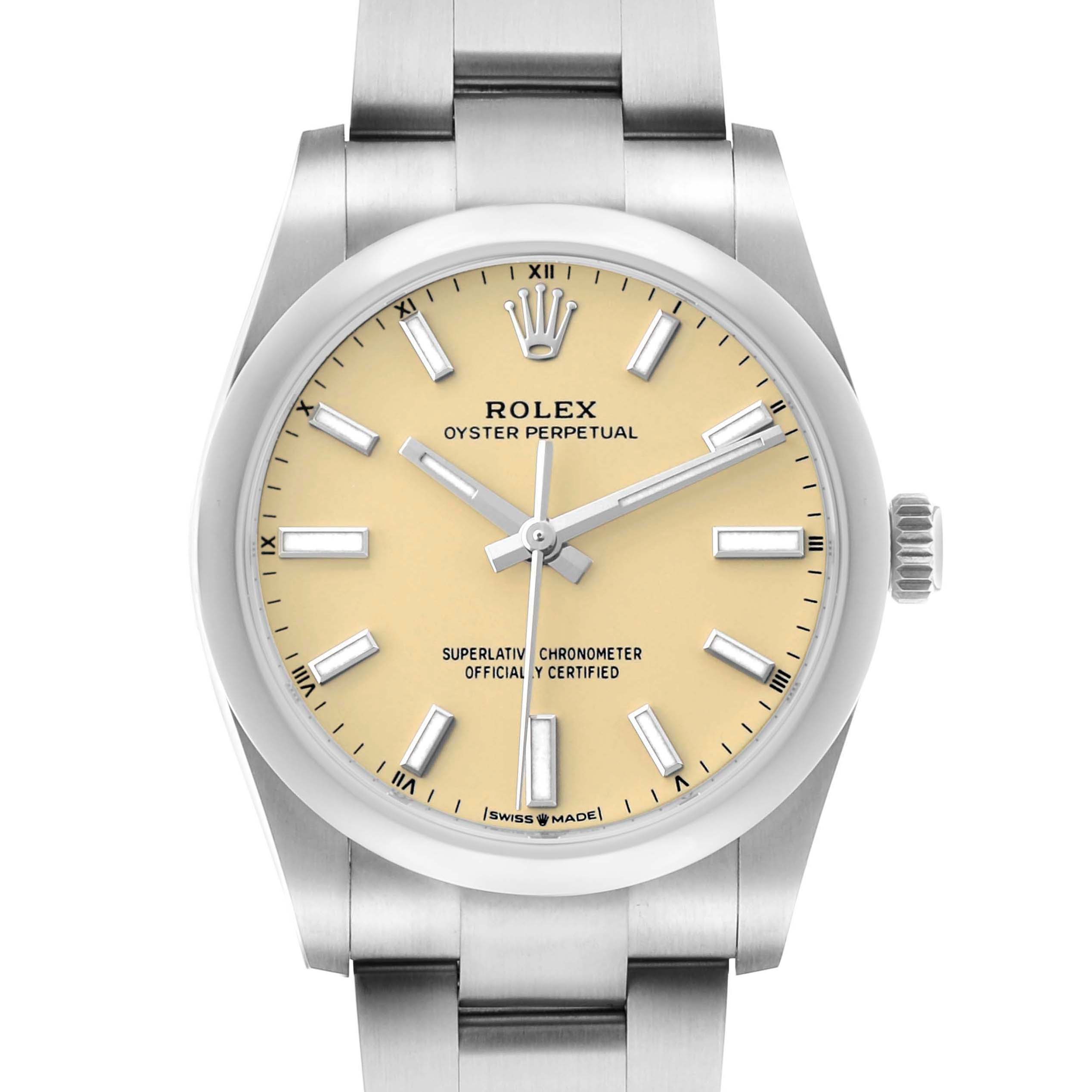 The image shows a front view of a Rolex Oyster Perpetual 124200 Men's Stainless Steel Beige Dial watch, displaying the dial, crown, and bracelet.