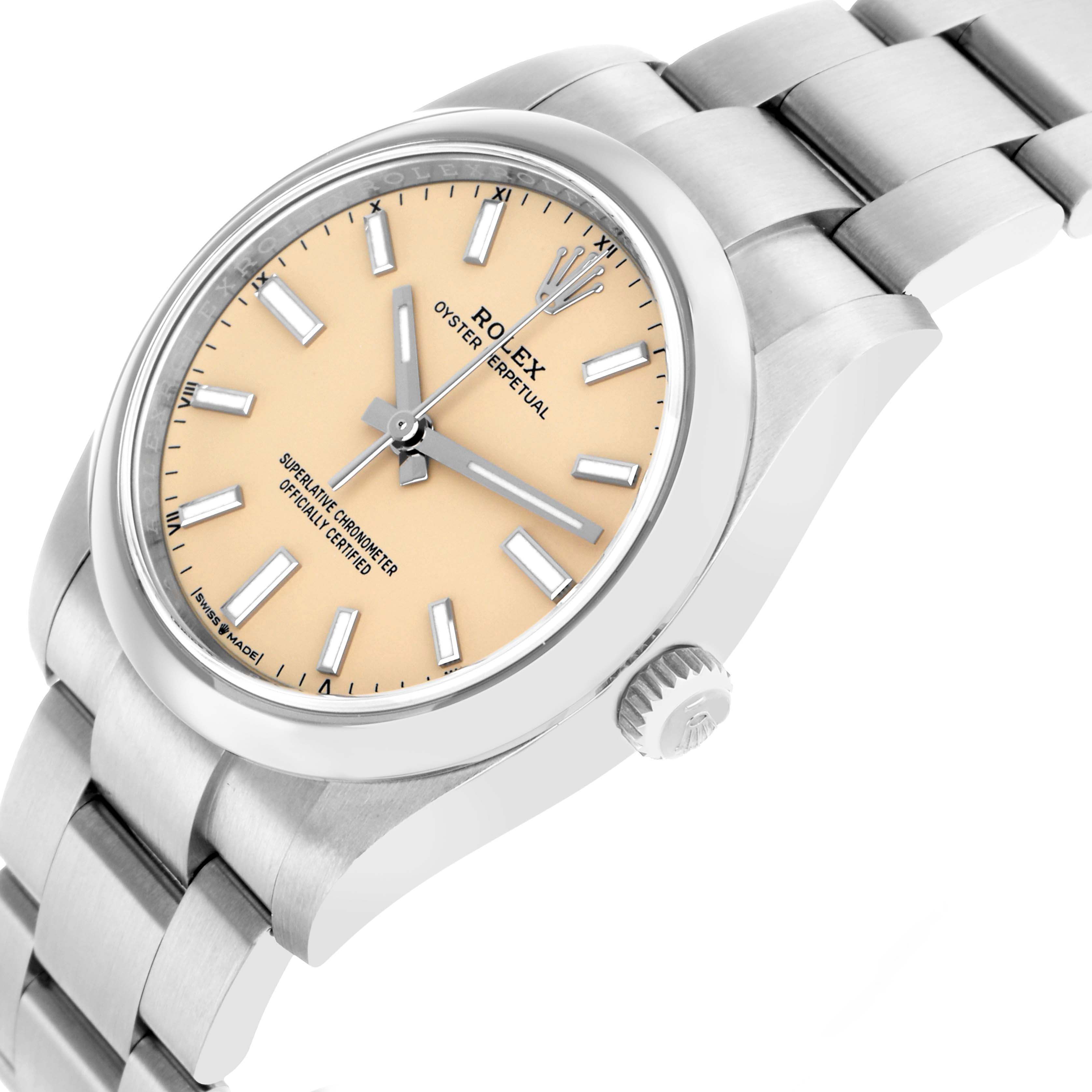 The Rolex Oyster Perpetual 124200 Men
s Stainless Steel Beige Dial watch shows a close-up angle featuring the dial, crown, and part of the bracelet.