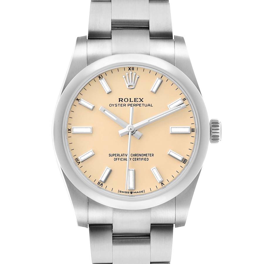 The Rolex Oyster Perpetual 124200 Men's Stainless Steel Beige Dial watch is shown from a front angle, highlighting the dial, bezel, and part of the bracelet.