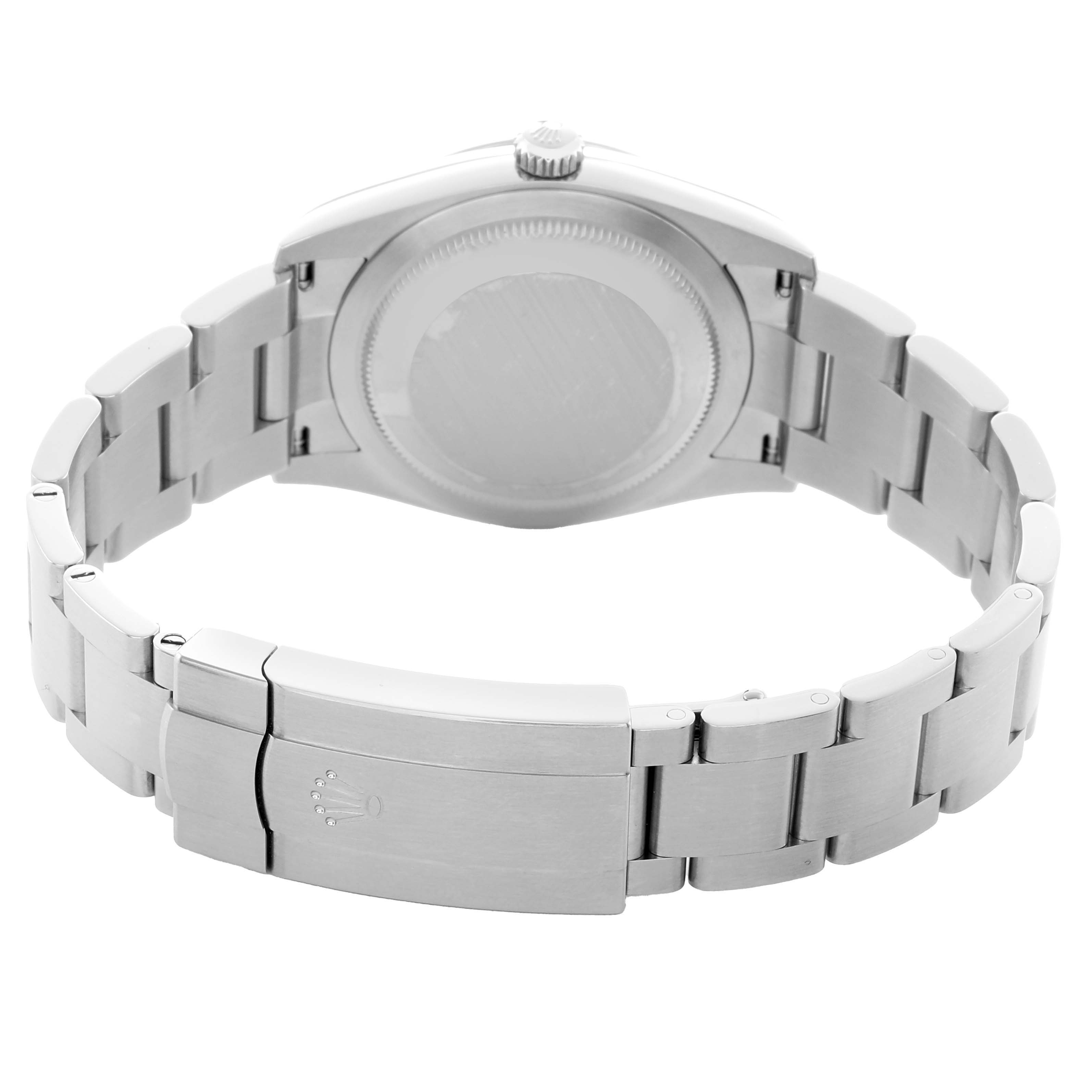 The image shows the back and bracelet of a Rolex Oyster Perpetual 124200 Men
s Stainless Steel Beige Dial watch from a rear angle.