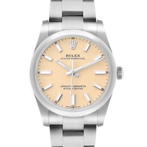 Photo of Rolex Oyster Perpetual 34 Steel Beige Dial Mens Watch 124200 Unworn