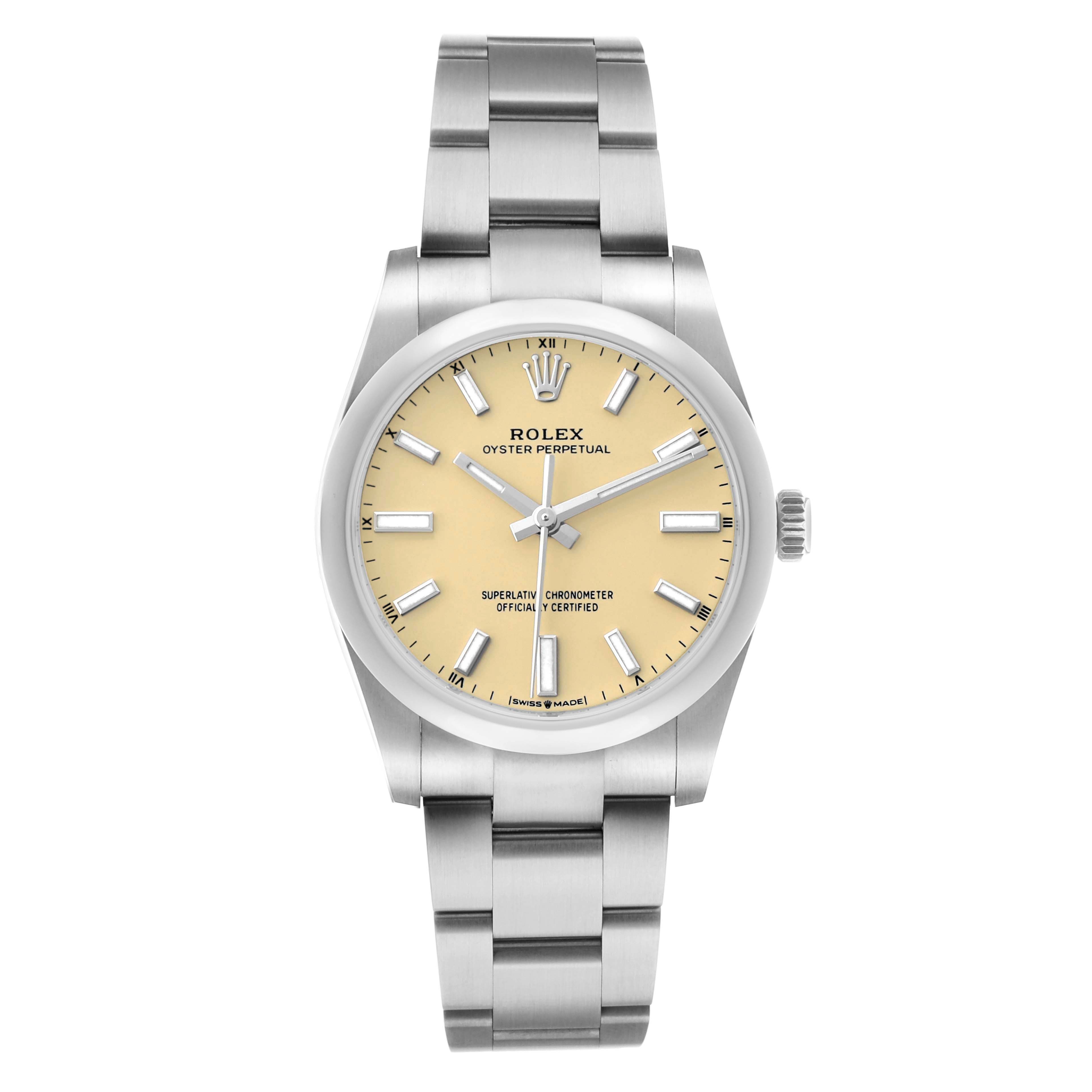 The Rolex Oyster Perpetual 124200 Men
s Stainless Steel Beige Dial watch is shown from the front, displaying its dial, crown, and bracelet.