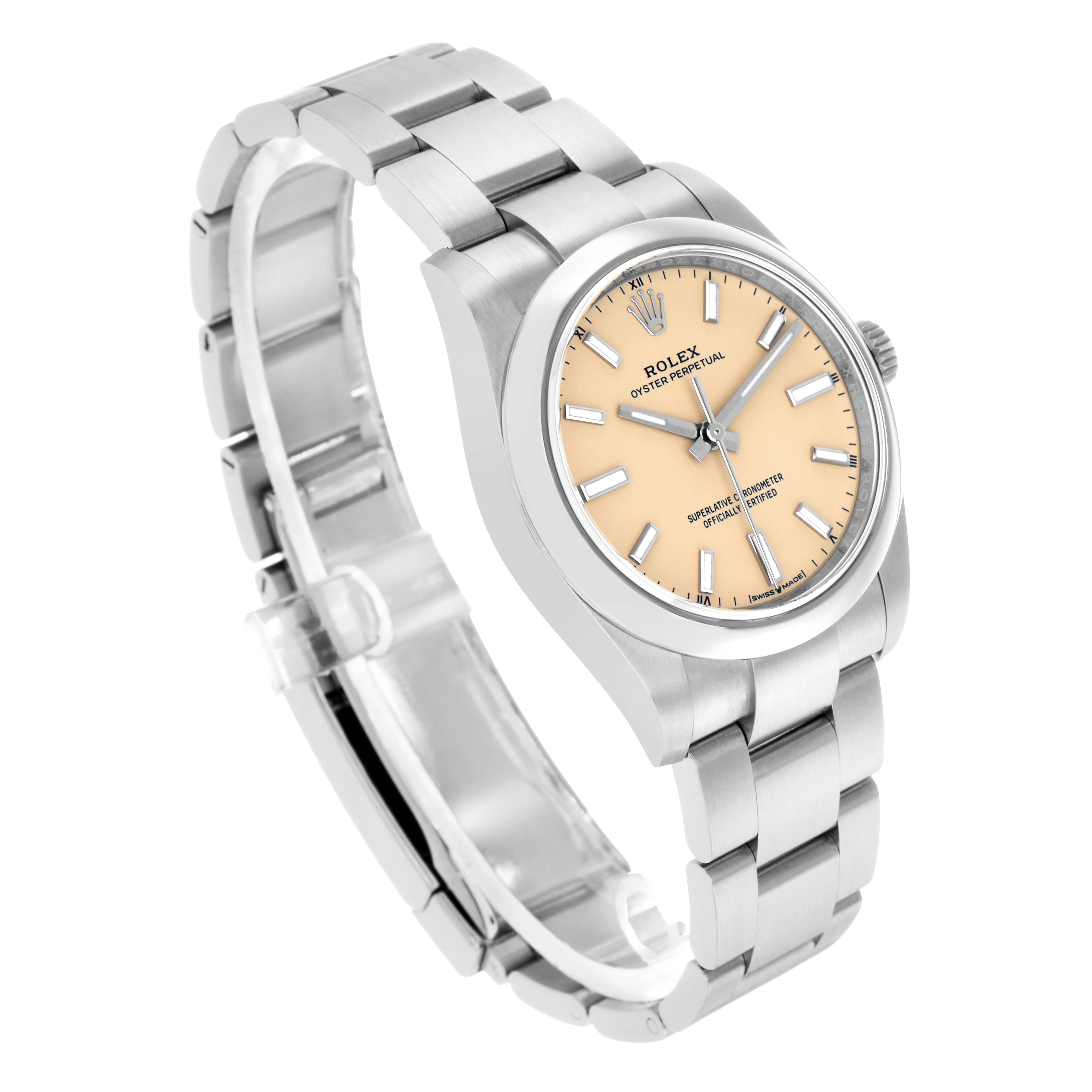The Rolex Oyster Perpetual 124200 Men
s Stainless Steel Beige Dial watch is shown at a three-quarter angle highlighting the dial, bezel, and part of the bracelet.