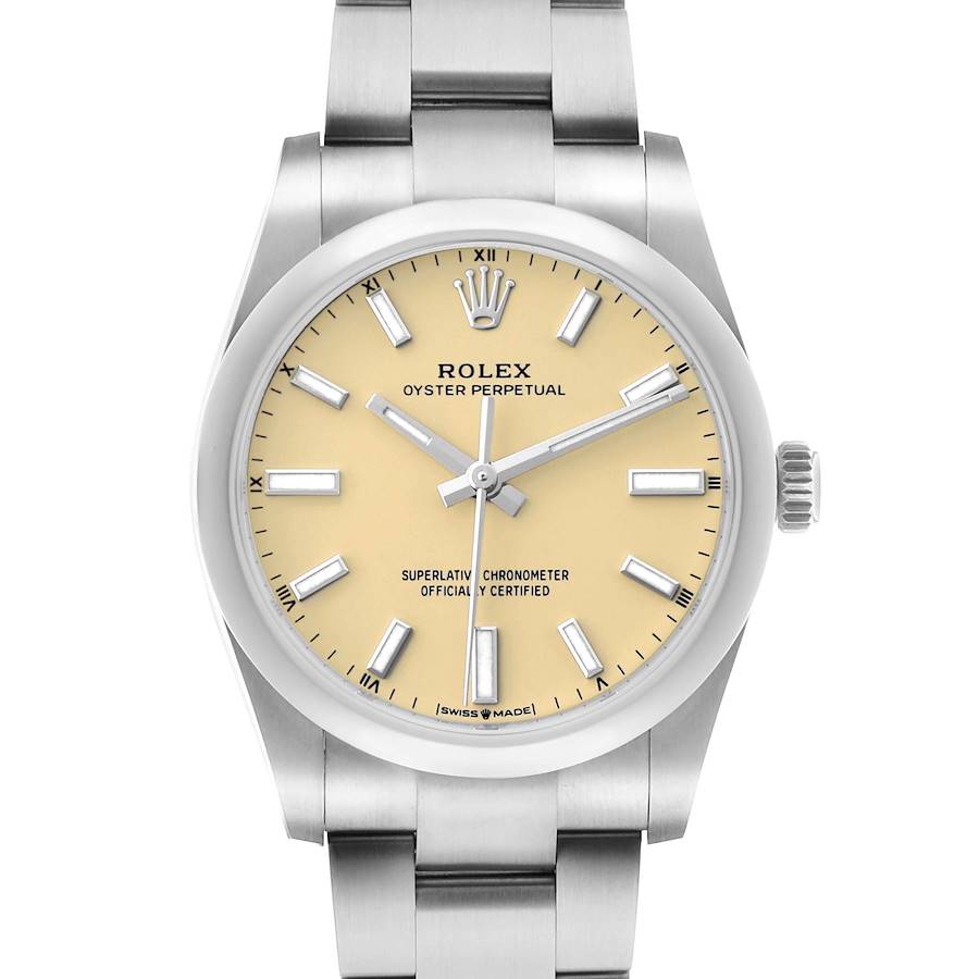 The image shows a frontal view of a Rolex Oyster Perpetual 124200 Men
s Stainless Steel Beige Dial watch, highlighting the dial, hands, bracelet, and crown.