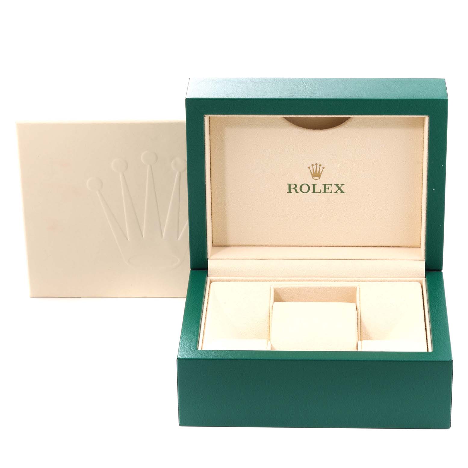 The image shows the open box for a Rolex Oyster Perpetual 124200 Men's Stainless Steel Green Dial, featuring a green exterior and beige interior.
