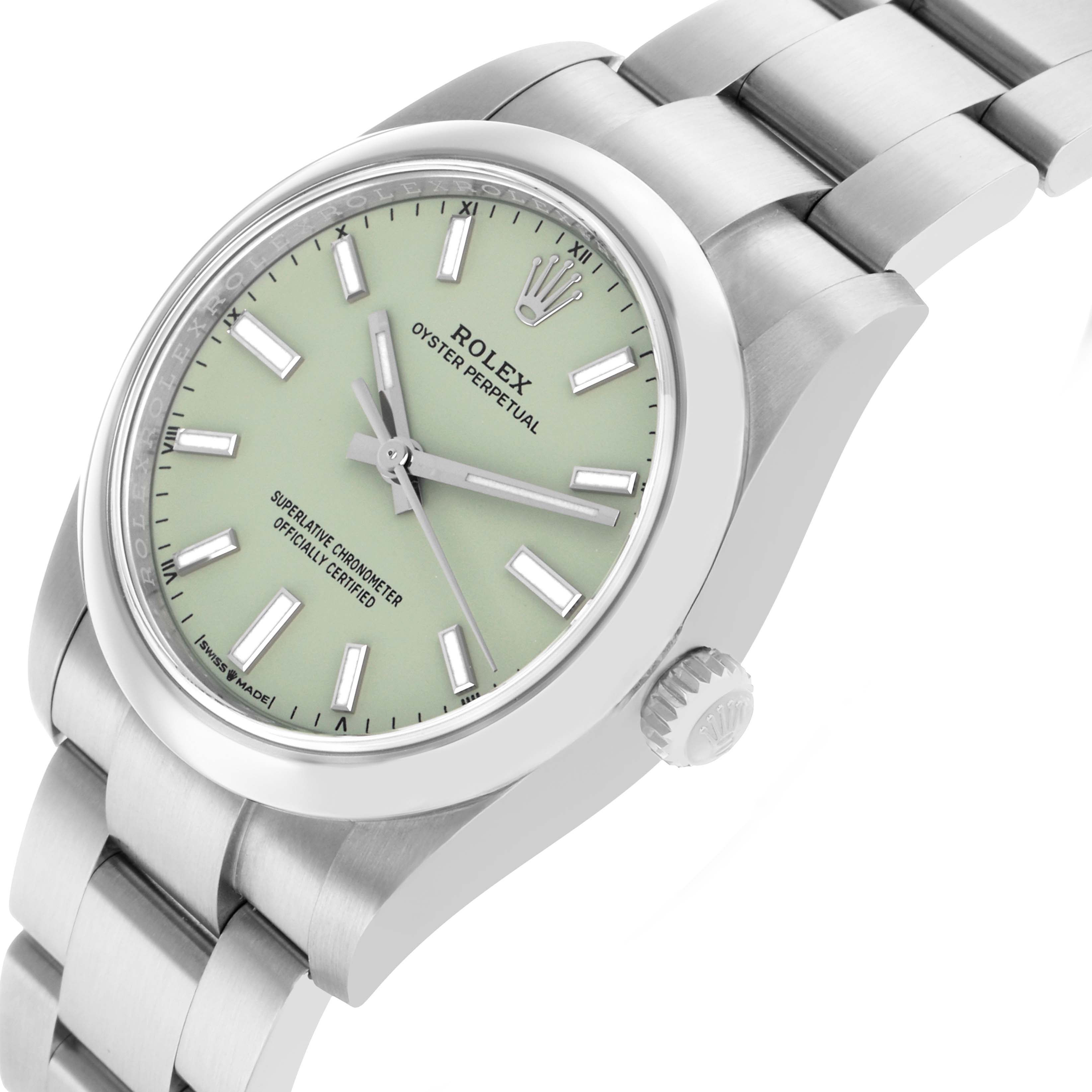 The Rolex Oyster Perpetual 124200 Men
s Stainless Steel Green Dial watch is shown from a side angle, displaying the case, crown, bracelet, and dial.