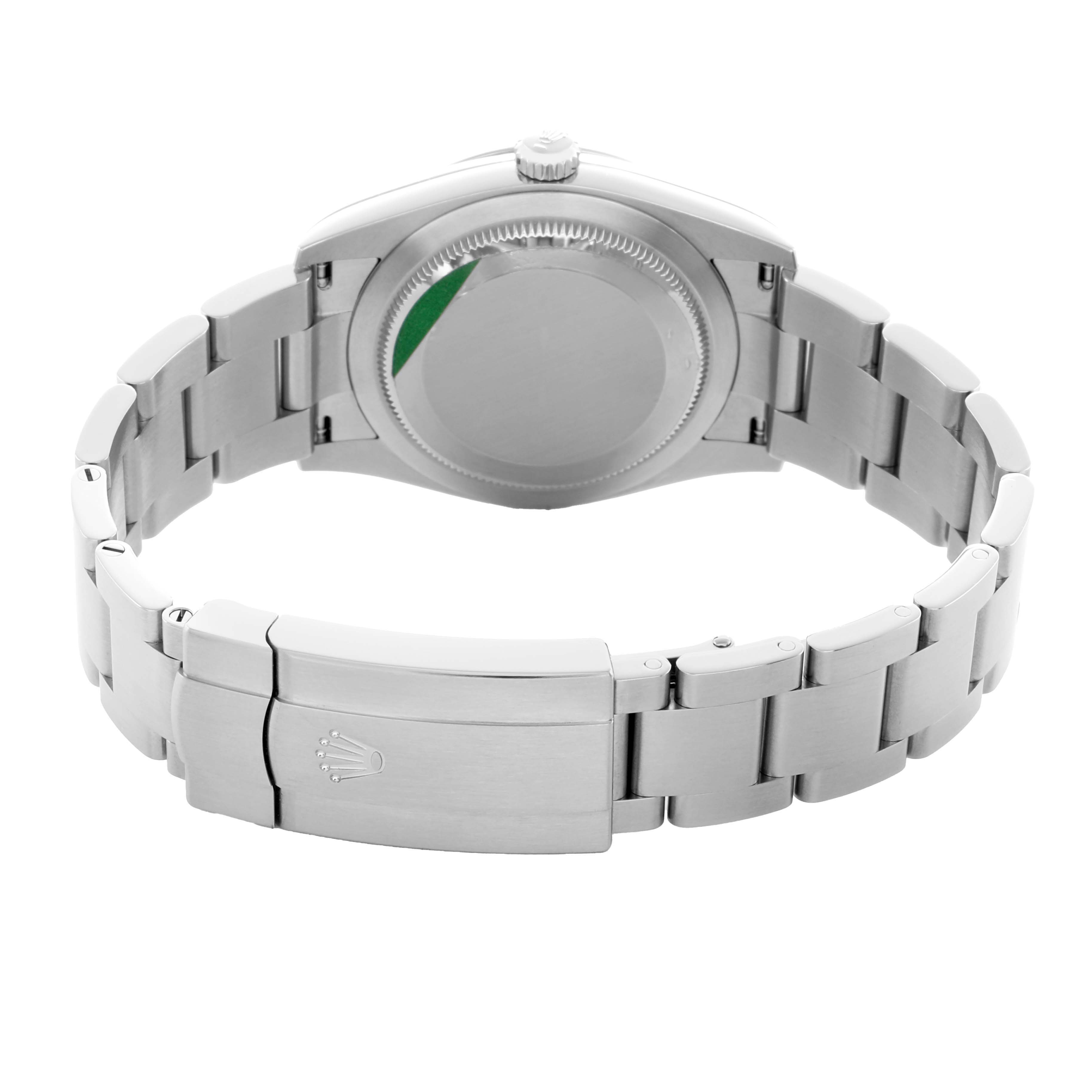 The Rolex Oyster Perpetual 124200 Men
s Stainless Steel Green Dial watch is shown from the back, highlighting the case back and bracelet clasp.