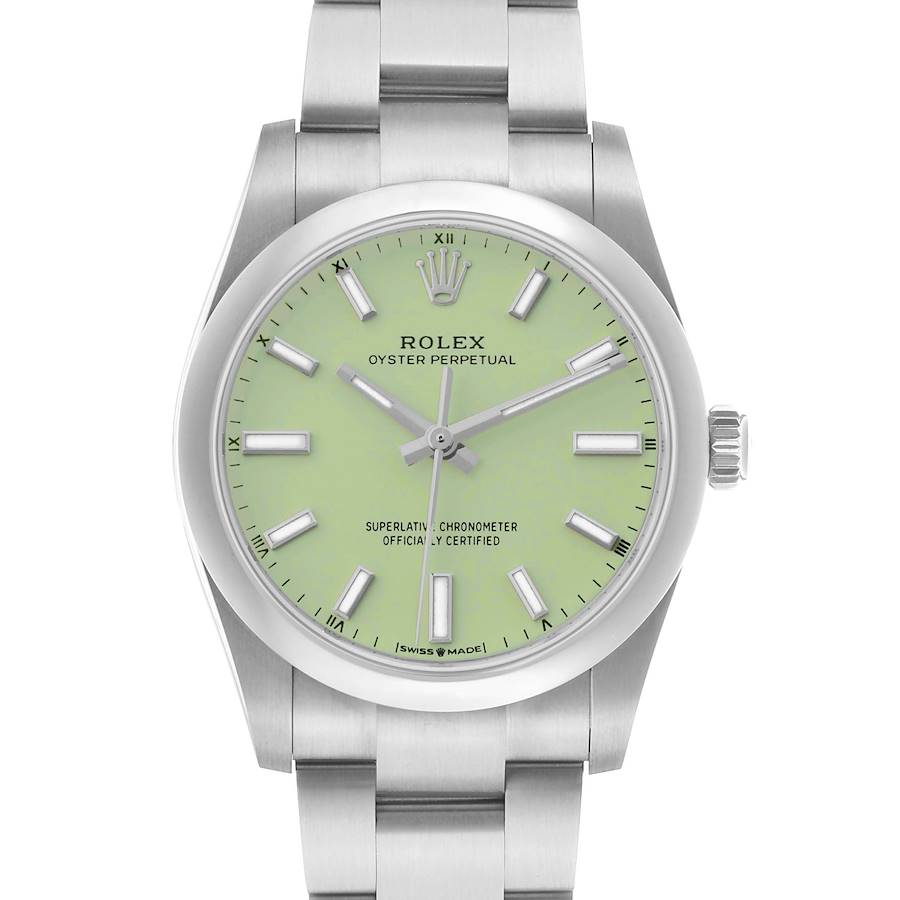 The image shows a front view of the Rolex Oyster Perpetual 124200 Men's Stainless Steel Green Dial watch, featuring its dial, bezel, crown, and bracelet.