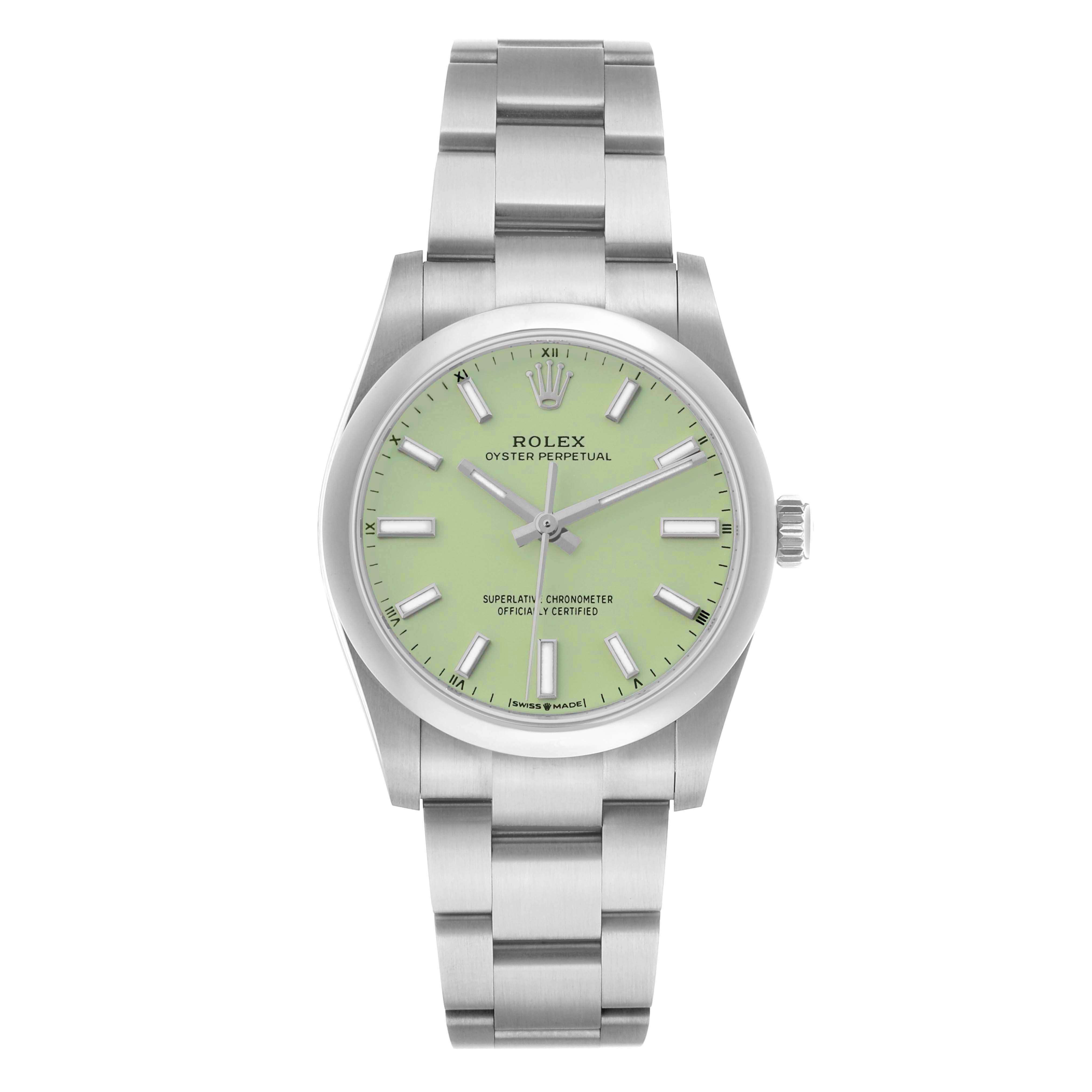 The Rolex Oyster Perpetual 124200 Men
s Stainless Steel Green Dial watch is shown from the front, highlighting its dial, bezel, and bracelet.