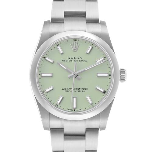 The Rolex Oyster Perpetual 124200 Men's Stainless Steel Green Dial watch is shown from the front, displaying the dial, bezel, case, and part of the bracelet.