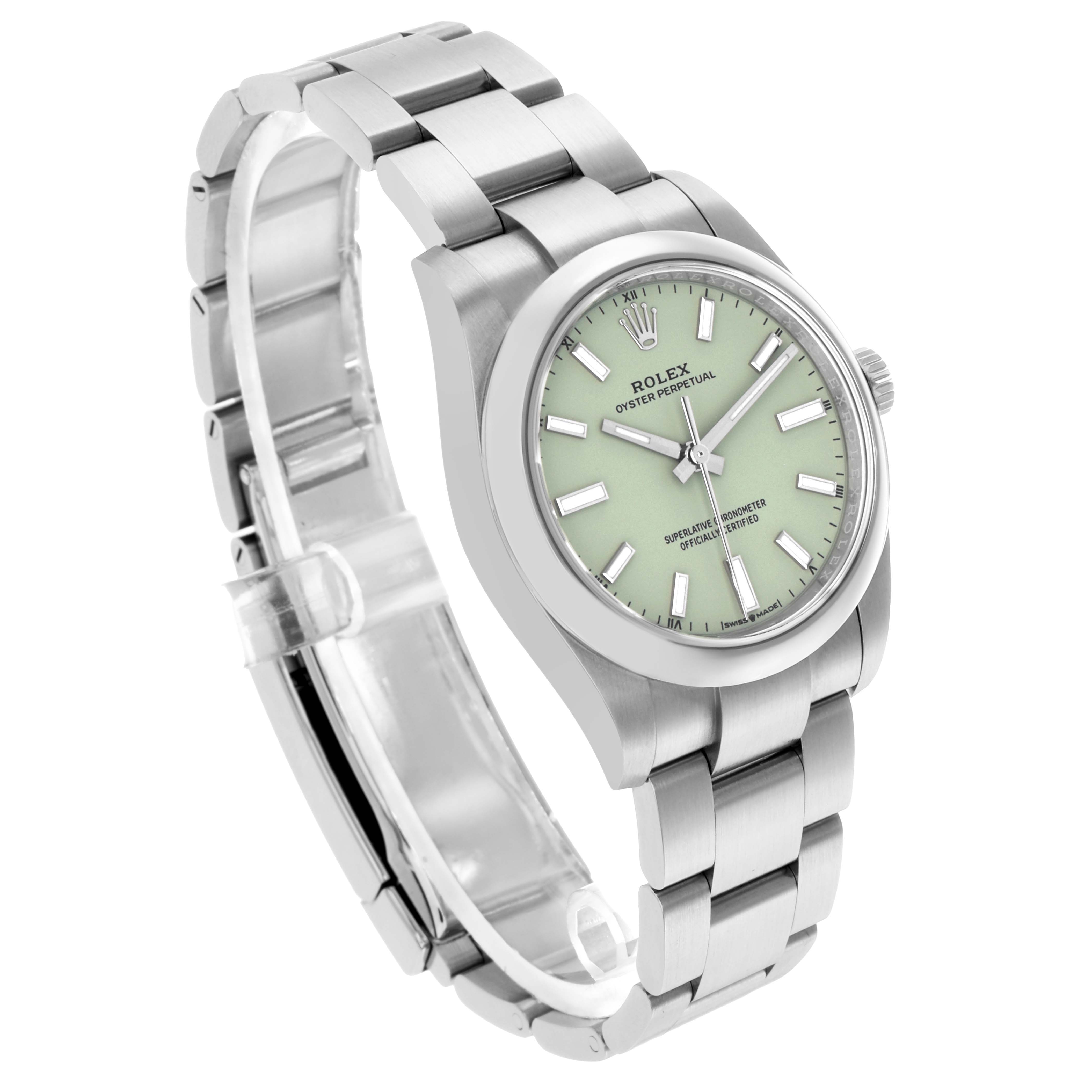 The Rolex Oyster Perpetual 124200 Men
s Stainless Steel Green Dial watch is shown at a three-quarter angle, highlighting the face, bezel, bracelet, and side details.