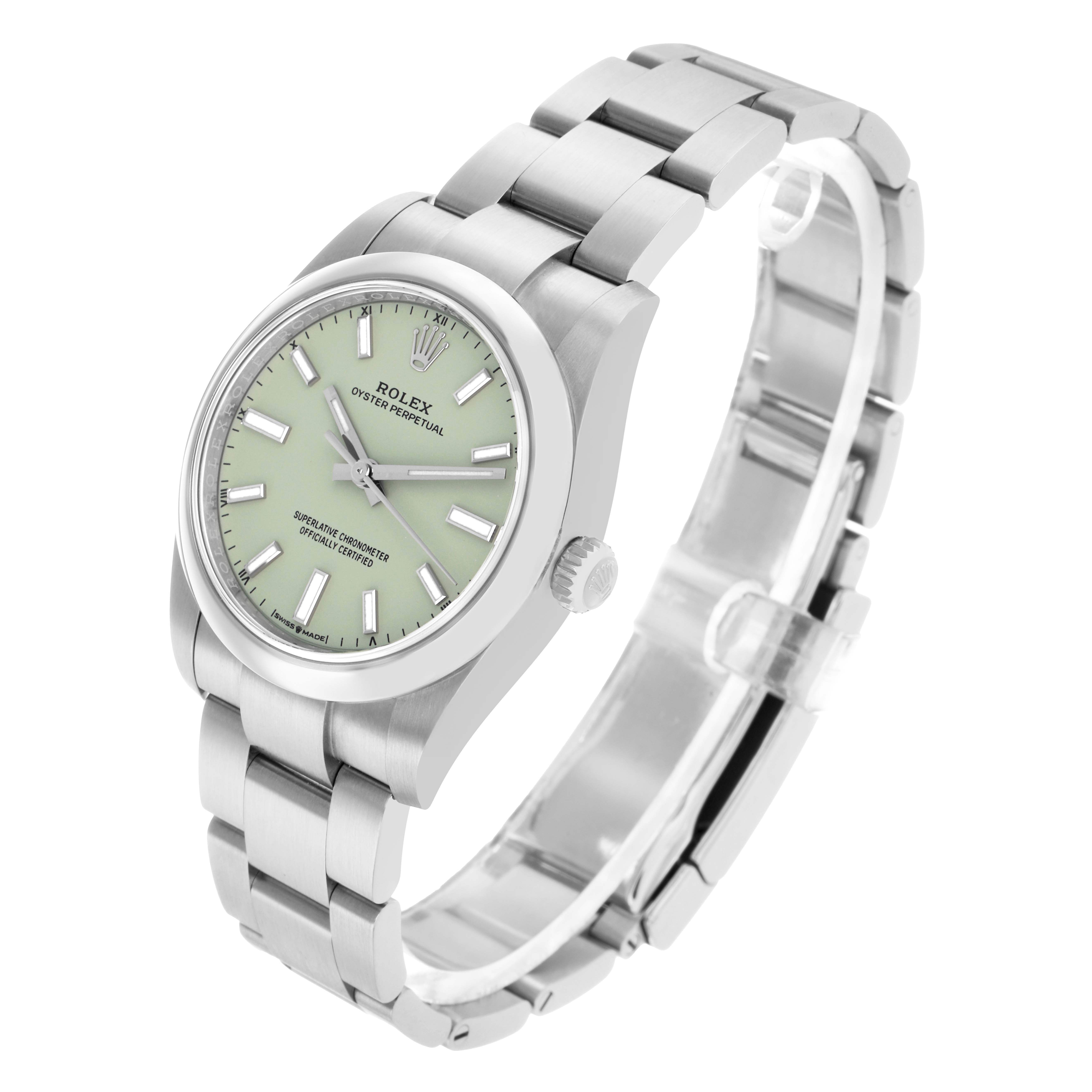 The Rolex Oyster Perpetual 124200 Men
s Stainless Steel Green Dial watch is shown at a three-quarter angle, highlighting the dial, bezel, and bracelet.