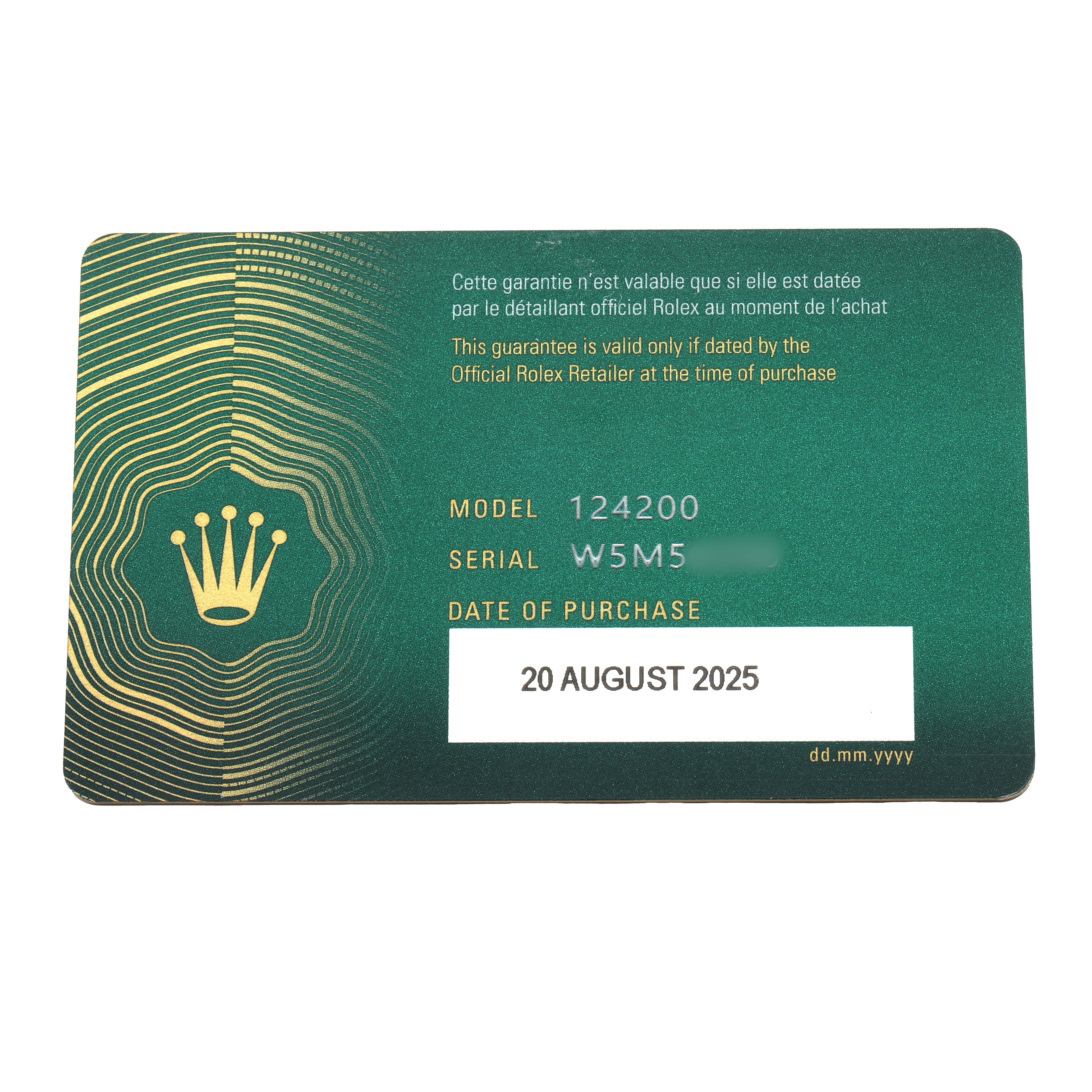 The image shows a warranty card for the Rolex Oyster Perpetual 124200 Men
s Stainless Steel Green Dial model, displaying the model number and purchase date.