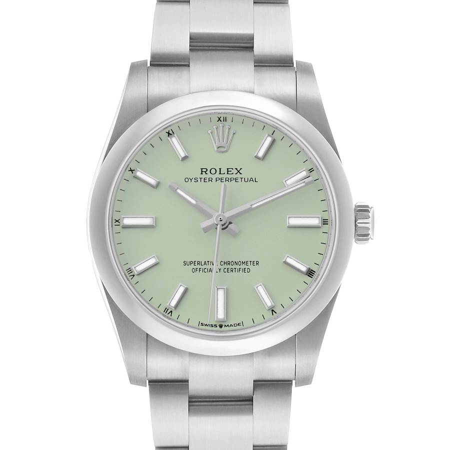 The Rolex Oyster Perpetual 124200 Men's Stainless Steel Green Dial watch is shown from a front angle, highlighting its dial, bezel, and bracelet.