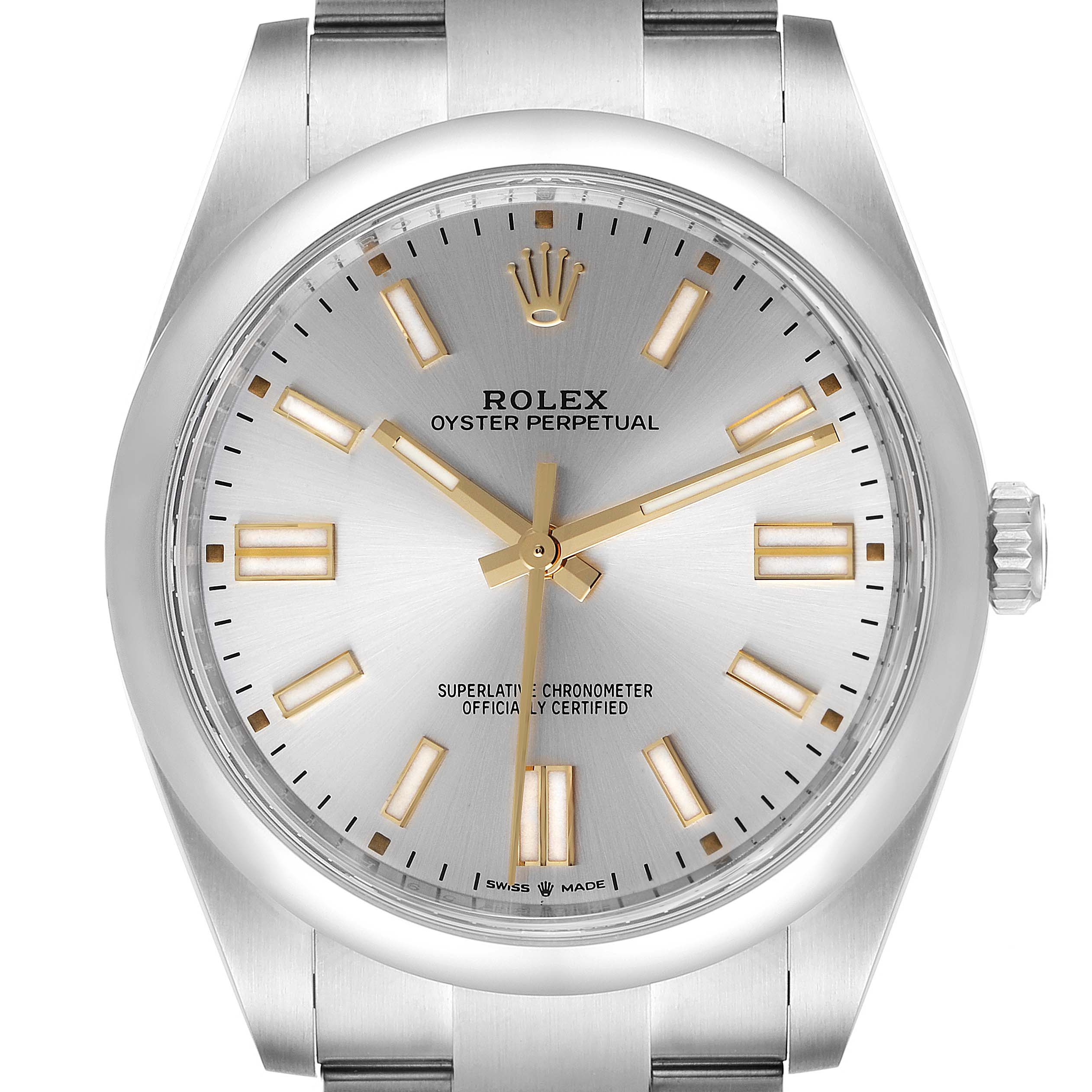 This is a front view of the Rolex Oyster Perpetual 124300 Men
s Stainless Steel Silver Dial 124300 Men
s Stainless Steel Silver Dial watch displaying the face, hands, and part of the bracelet.