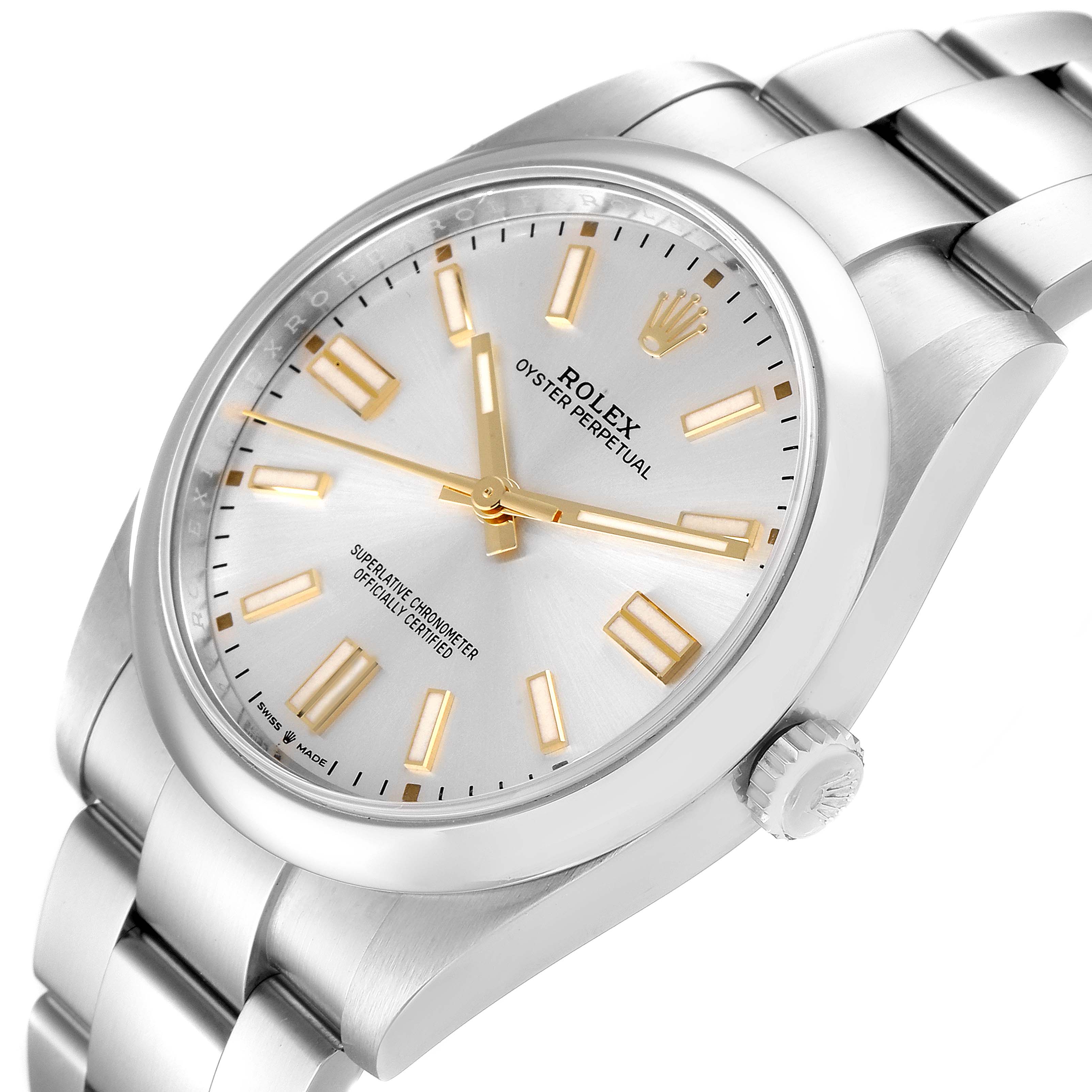 This image shows a close-up of a Rolex Oyster Perpetual 124300 Men
s Stainless Steel Silver Dial 124300 Men
s Stainless Steel Silver Dial watch, highlighting its dial, bezel, and bracelet.