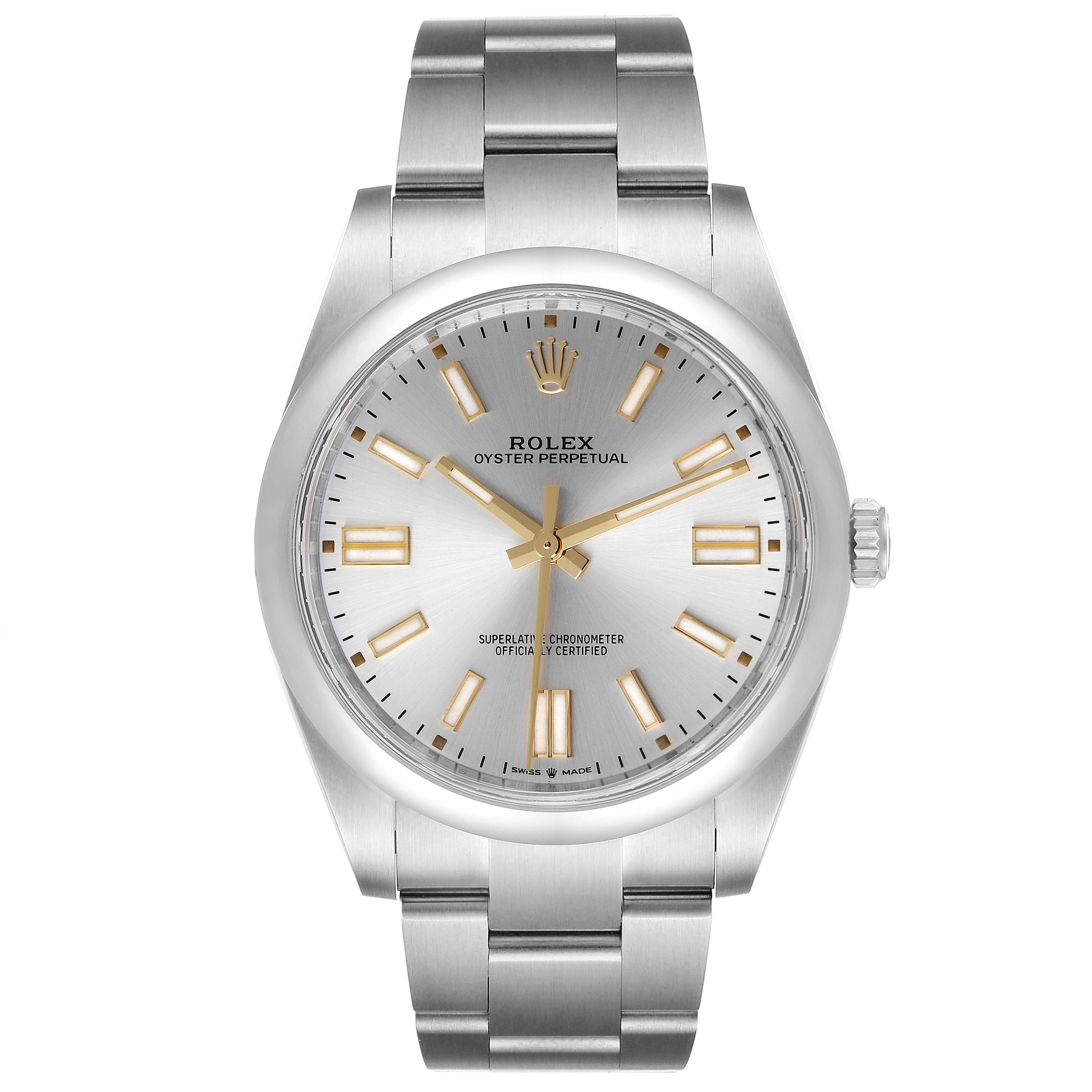 This Rolex Oyster Perpetual 124300 Men
s Stainless Steel Silver Dial 124300 Men
s Stainless Steel Silver Dial watch is shown from a top-down angle, highlighting the dial, bracelet, and bezel.